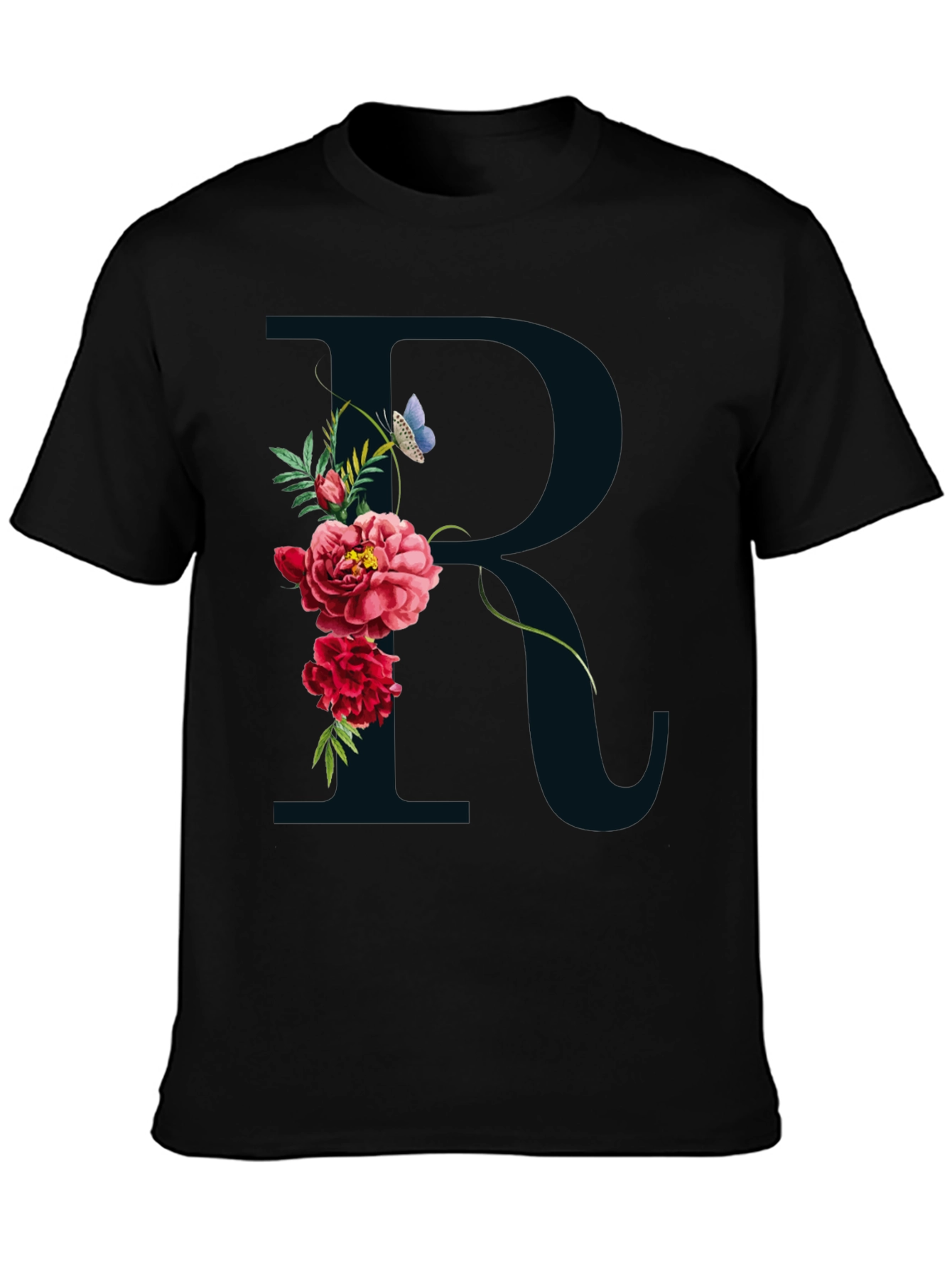 Floral R Initial Black T-Shirt