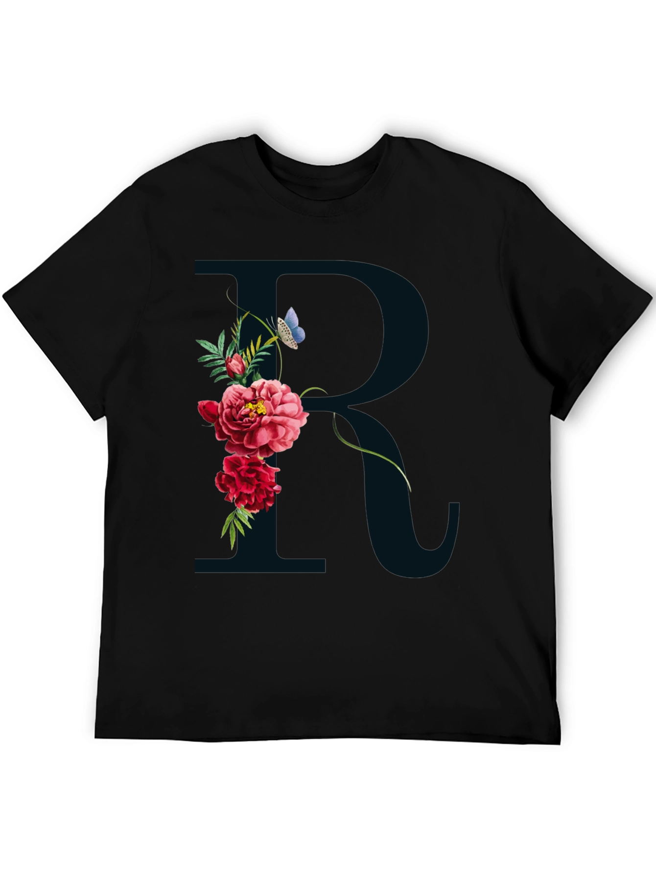 Floral R Initial Black T-Shirt