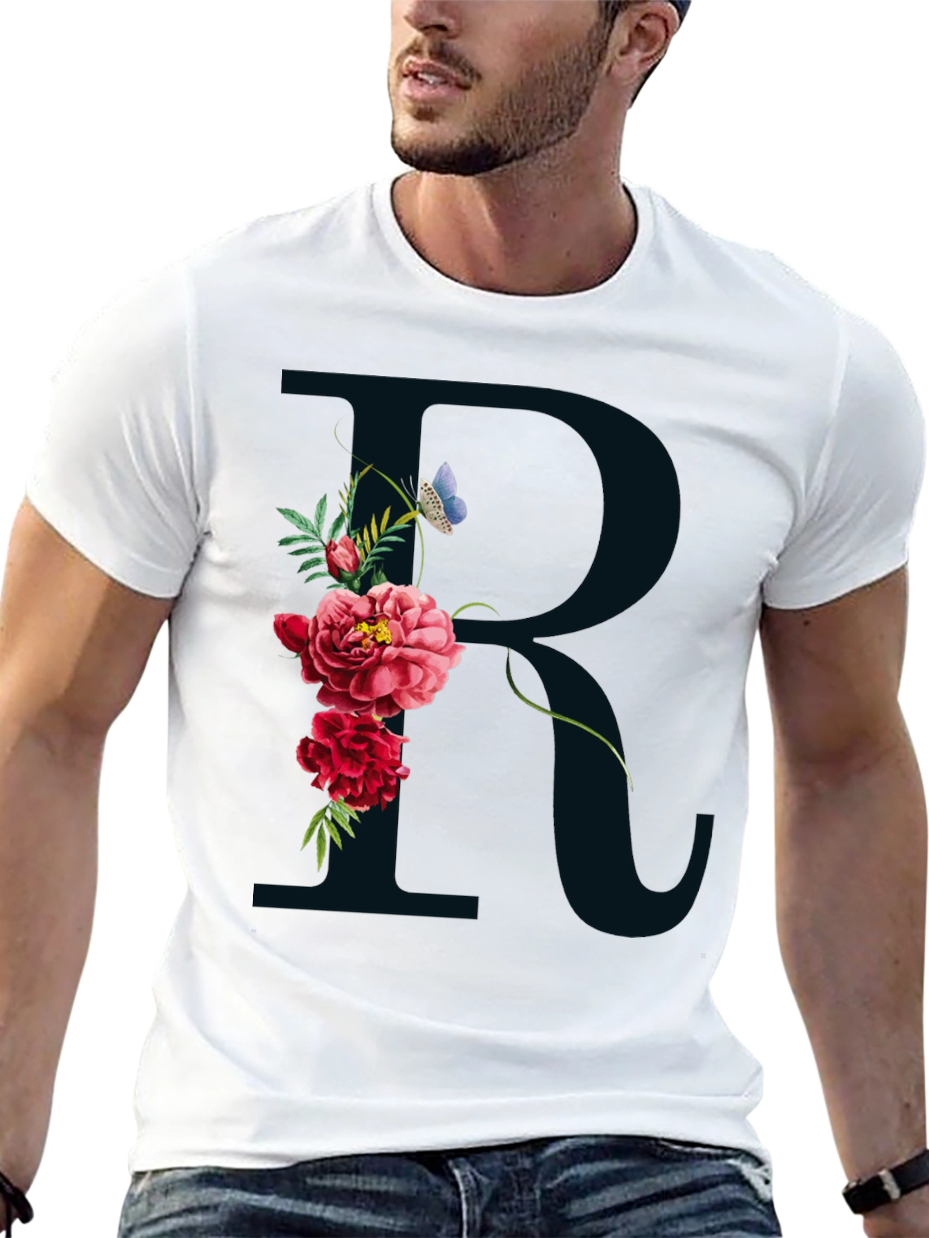 Floral R Initial Black T-Shirt