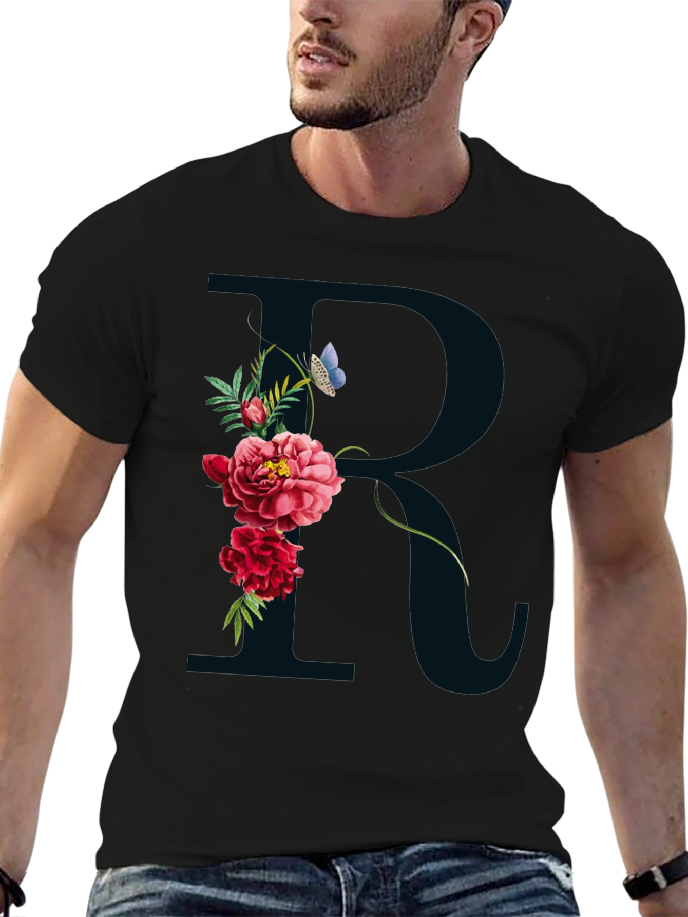 Floral R Initial Black T-Shirt