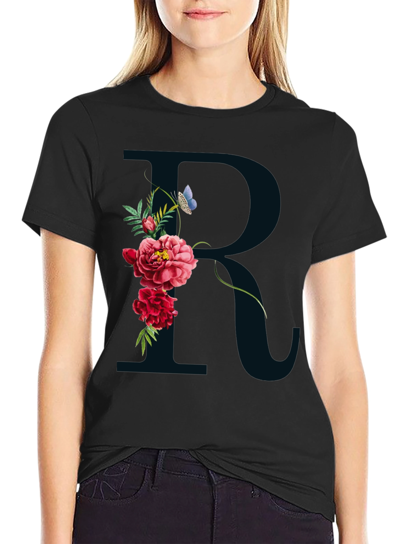 Floral R Initial Black T-Shirt