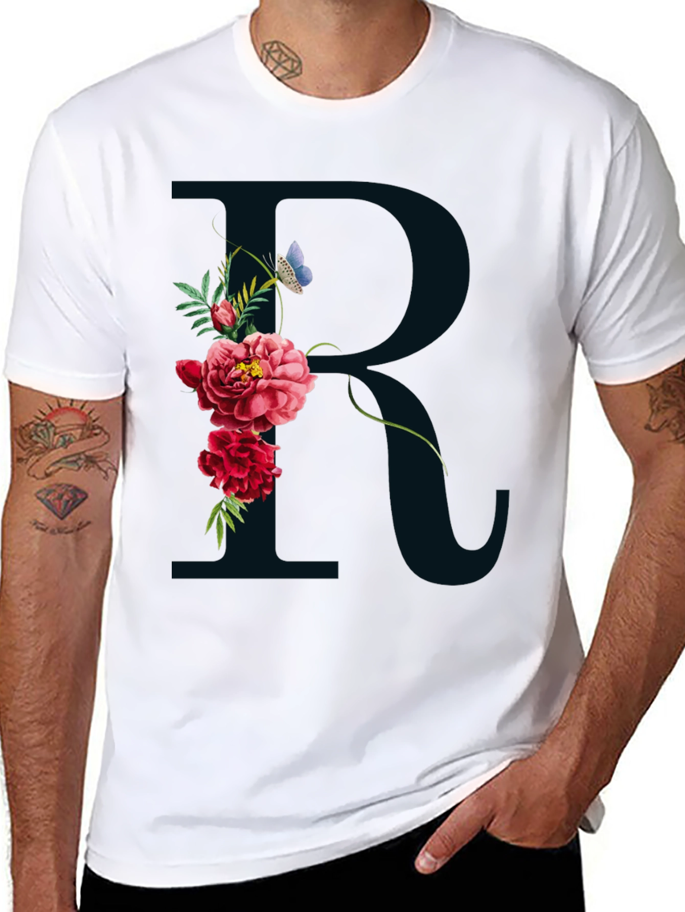 Floral R Initial Black T-Shirt