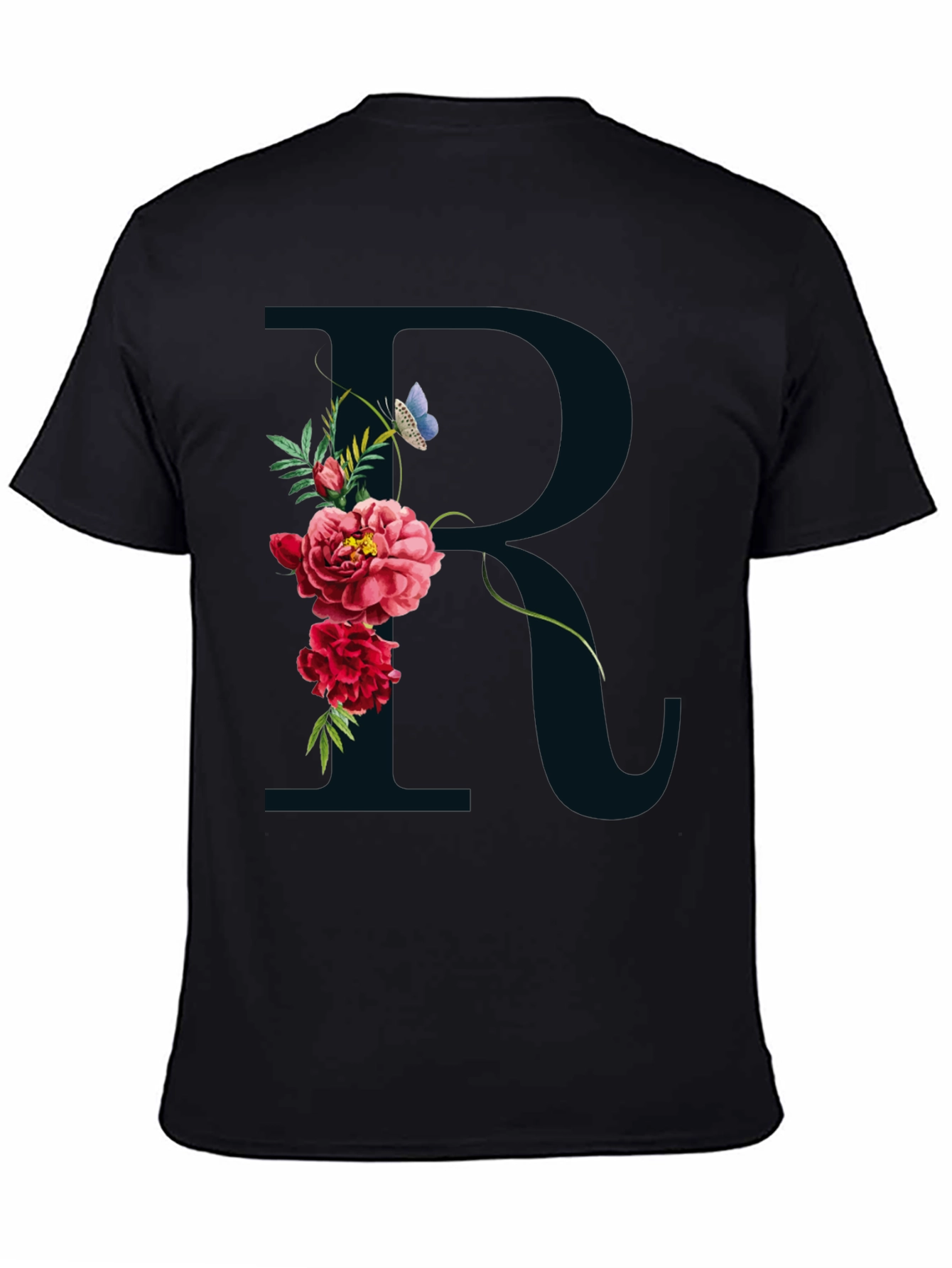 Floral R Initial Black T-Shirt
