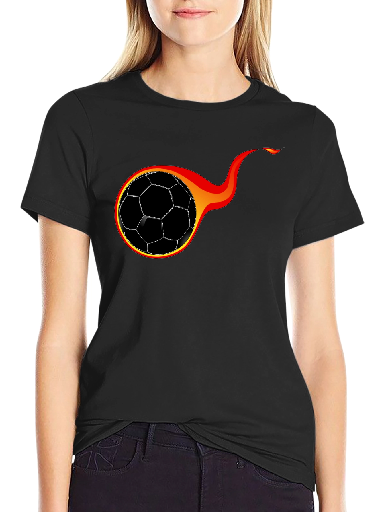 Flaming Soccer Ball Graphic T-Shirt - Black