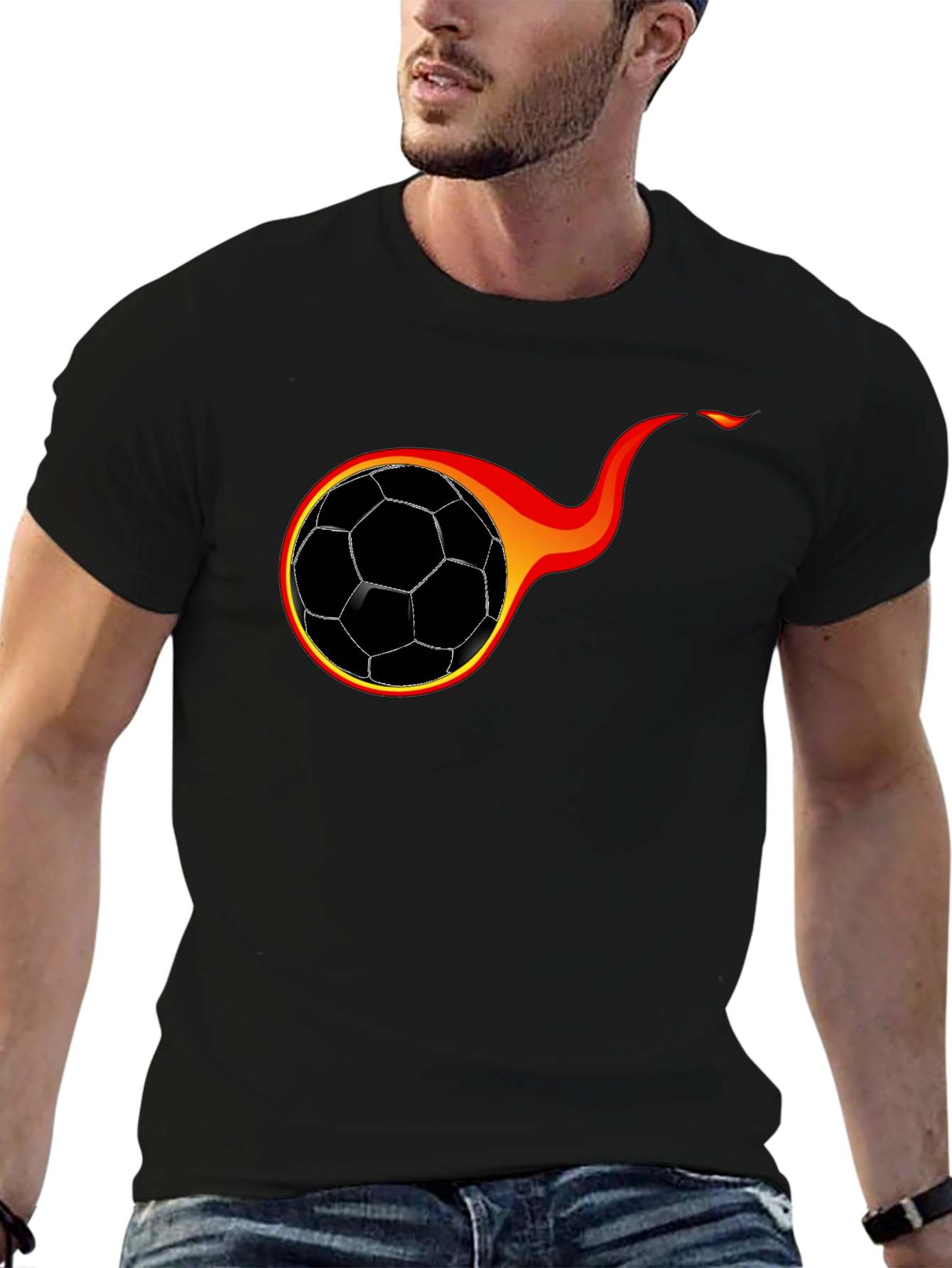 Flaming Soccer Ball Graphic T-Shirt - Black