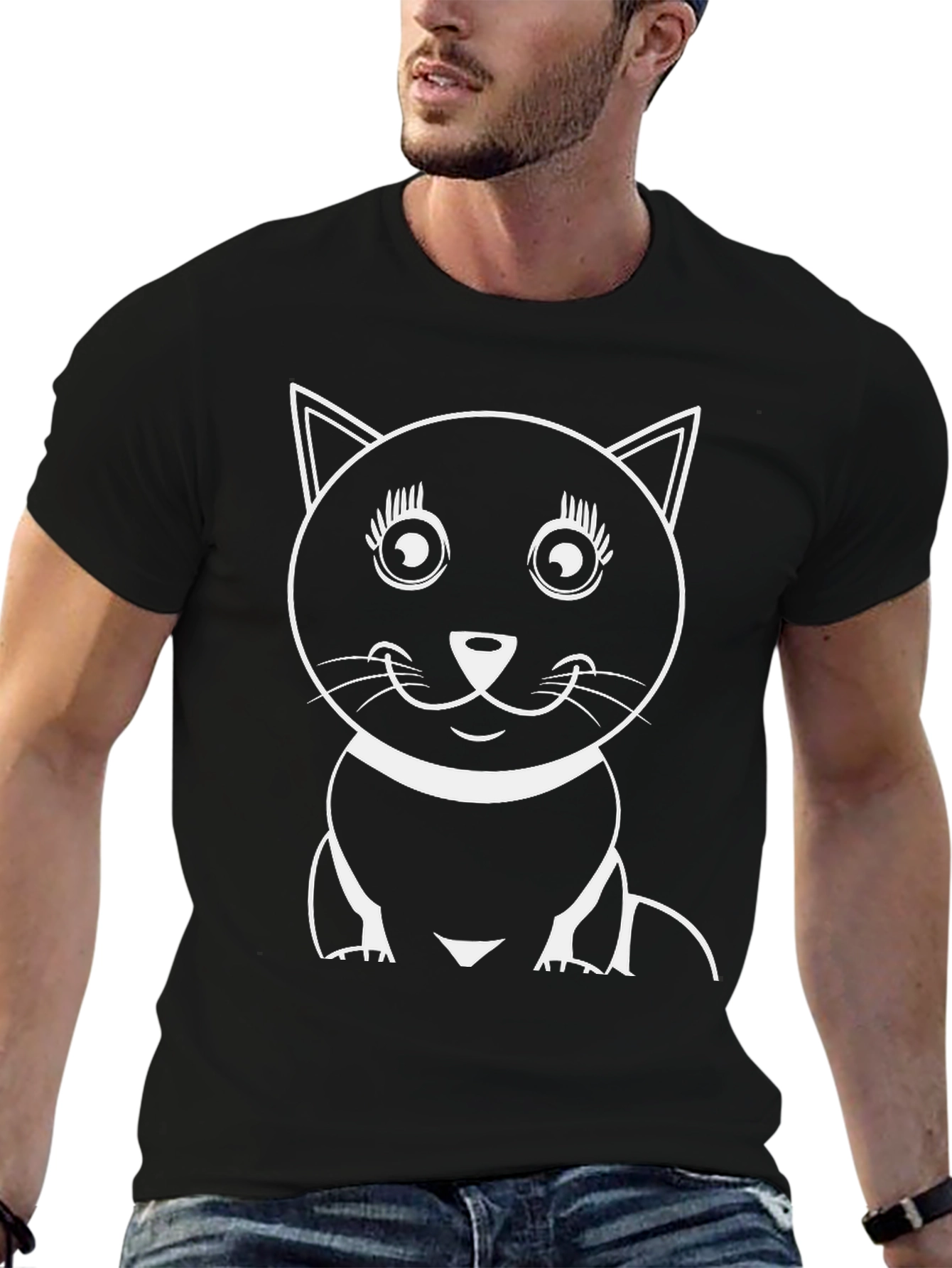 Cute Cat Graphic Tee - Black Cotton Blend T-Shirt