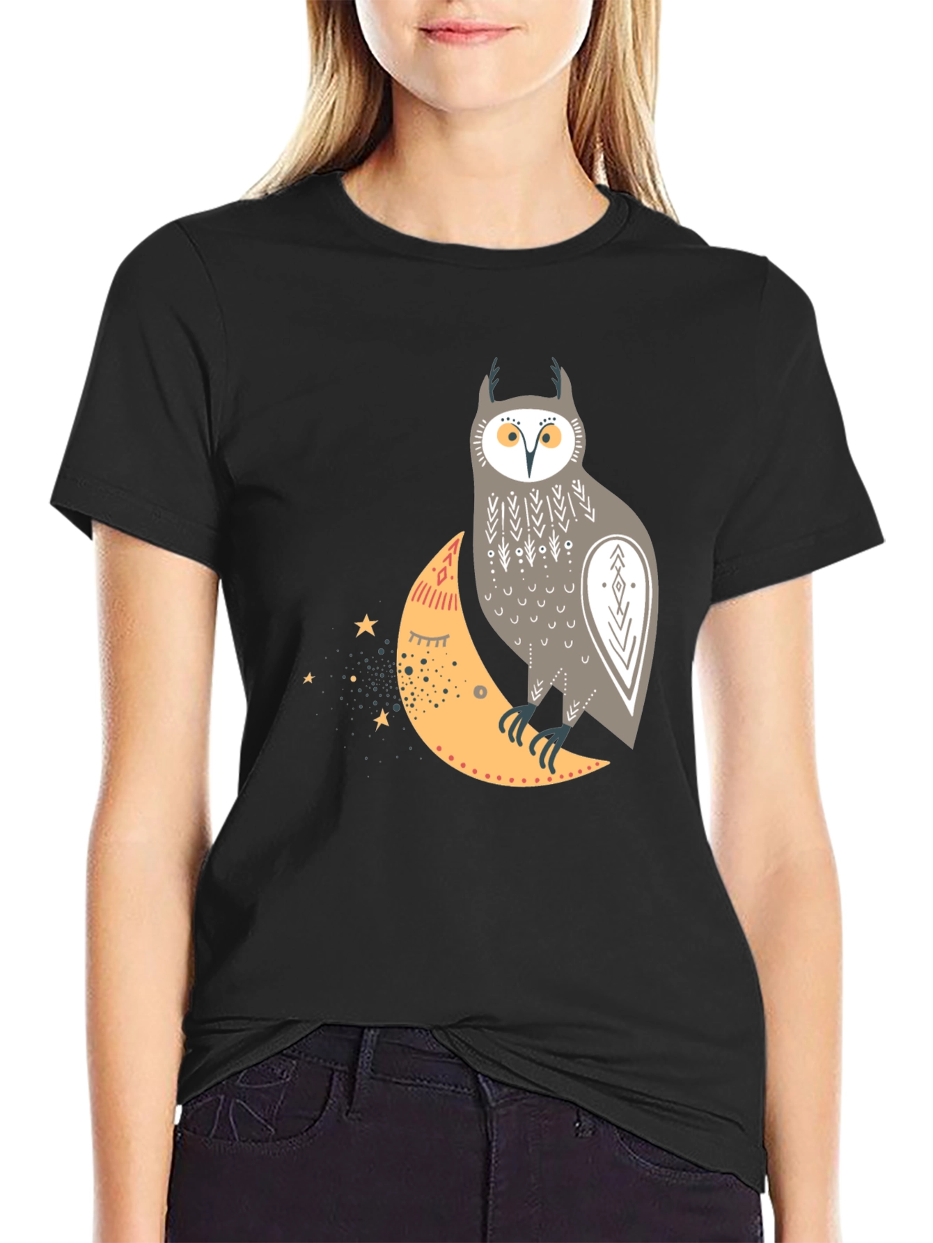Owl and Crescent Moon Graphic Tee