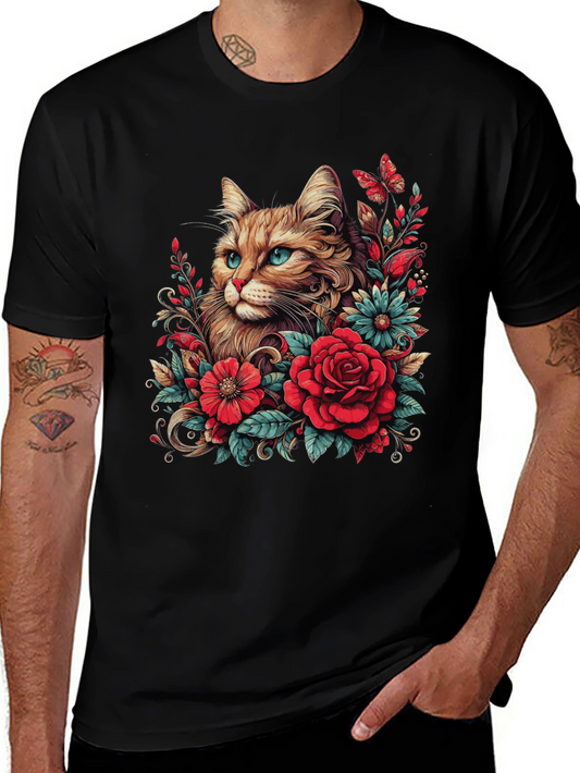 Cat & Floral Graphic Tee - Mens Black T-Shirt