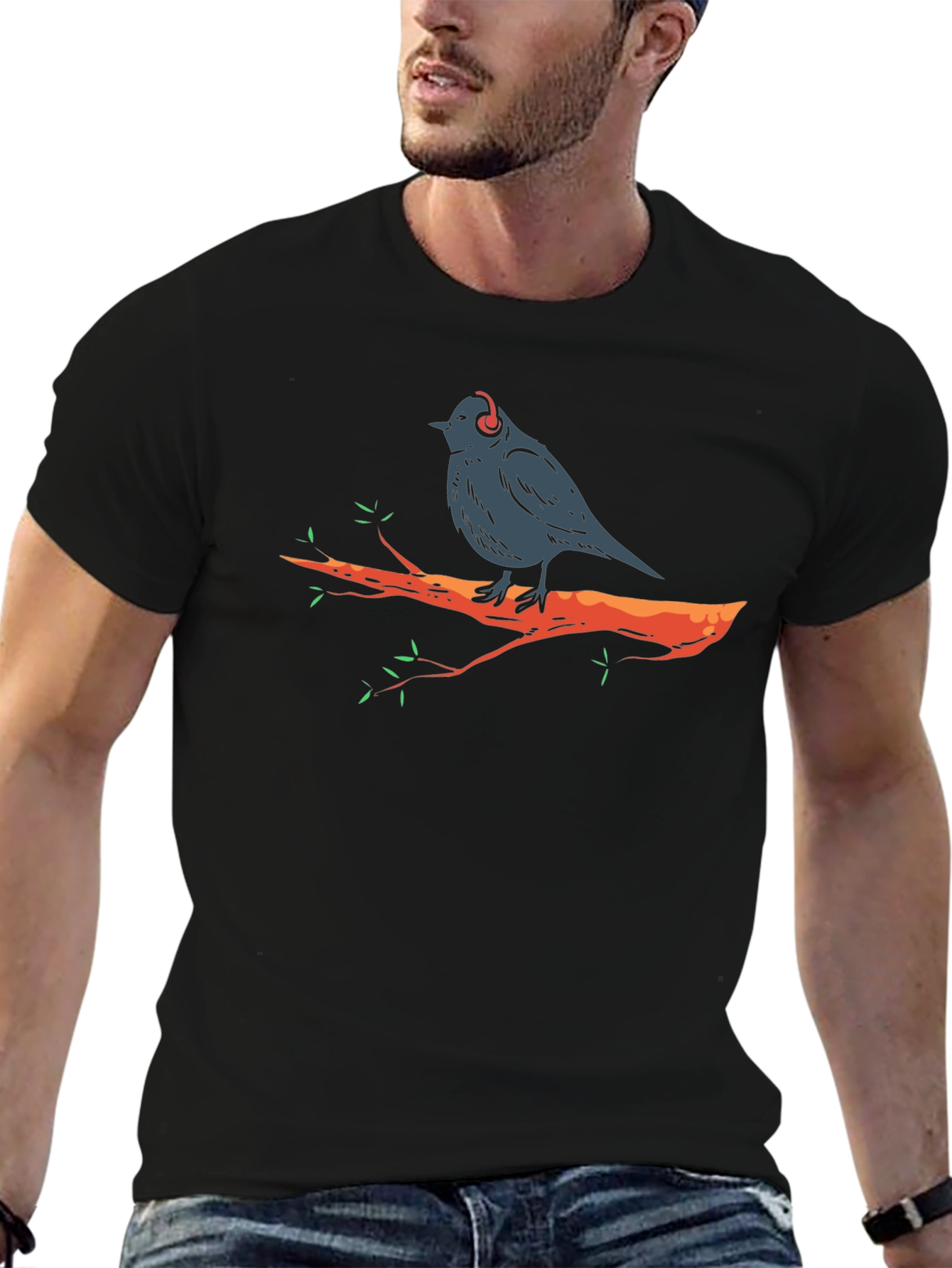 Bird in Headphones Graphic Tee - Black T-Shirt