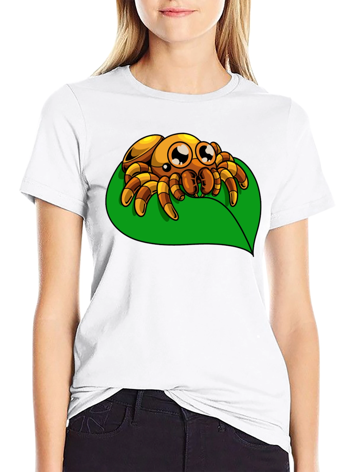Cute Spider on Leaf Graphic T-Shirt - Black