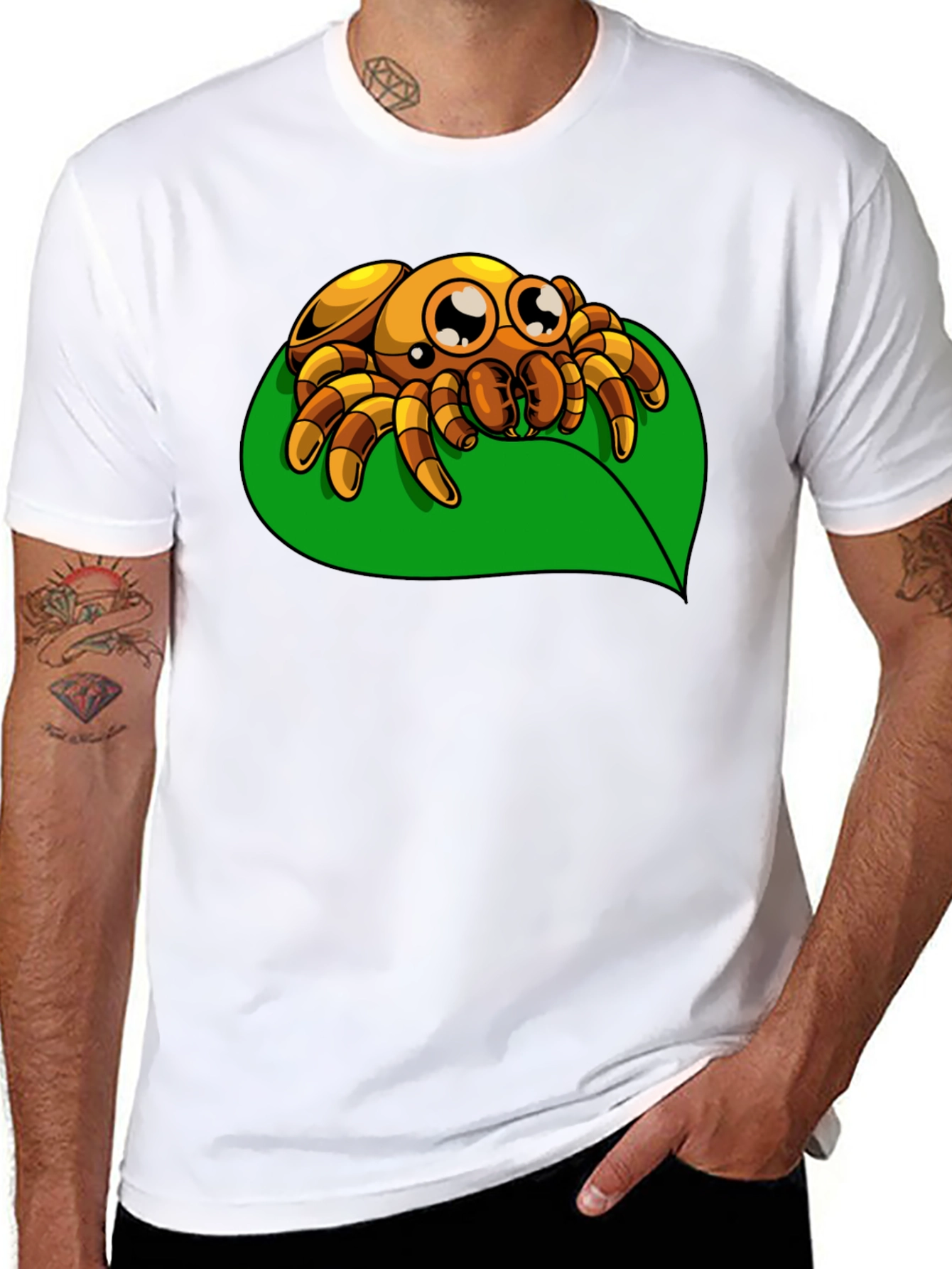 Cute Spider on Leaf Graphic T-Shirt - Black