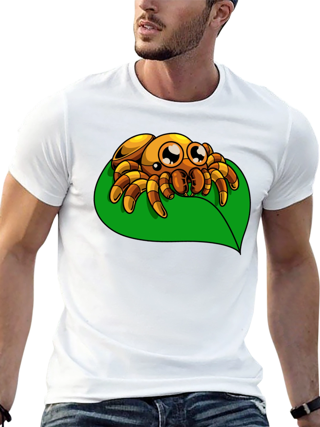 Cute Spider on Leaf Graphic T-Shirt - Black