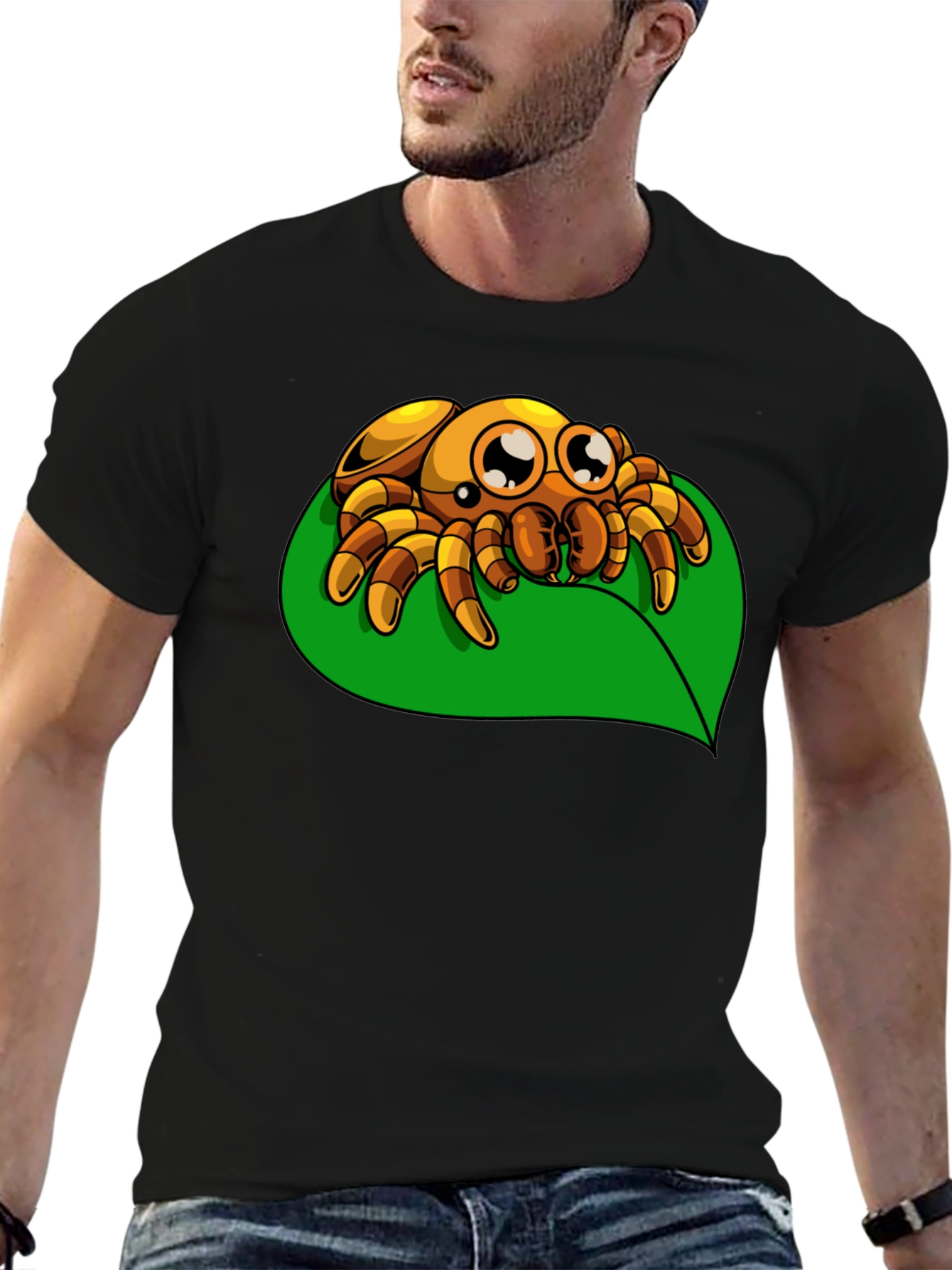 Cute Spider on Leaf Graphic T-Shirt - Black