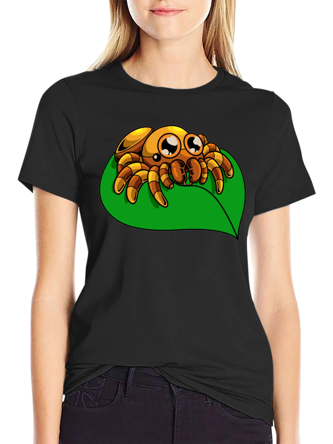 Cute Spider on Leaf Graphic T-Shirt - Black