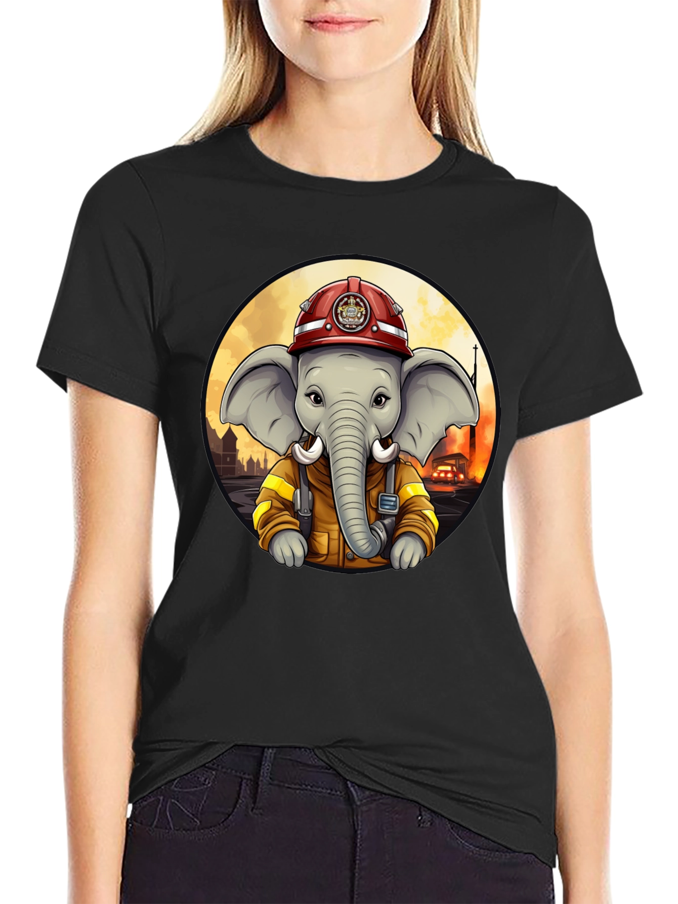 Elephant Firefighter T-Shirt - Cartoon Style