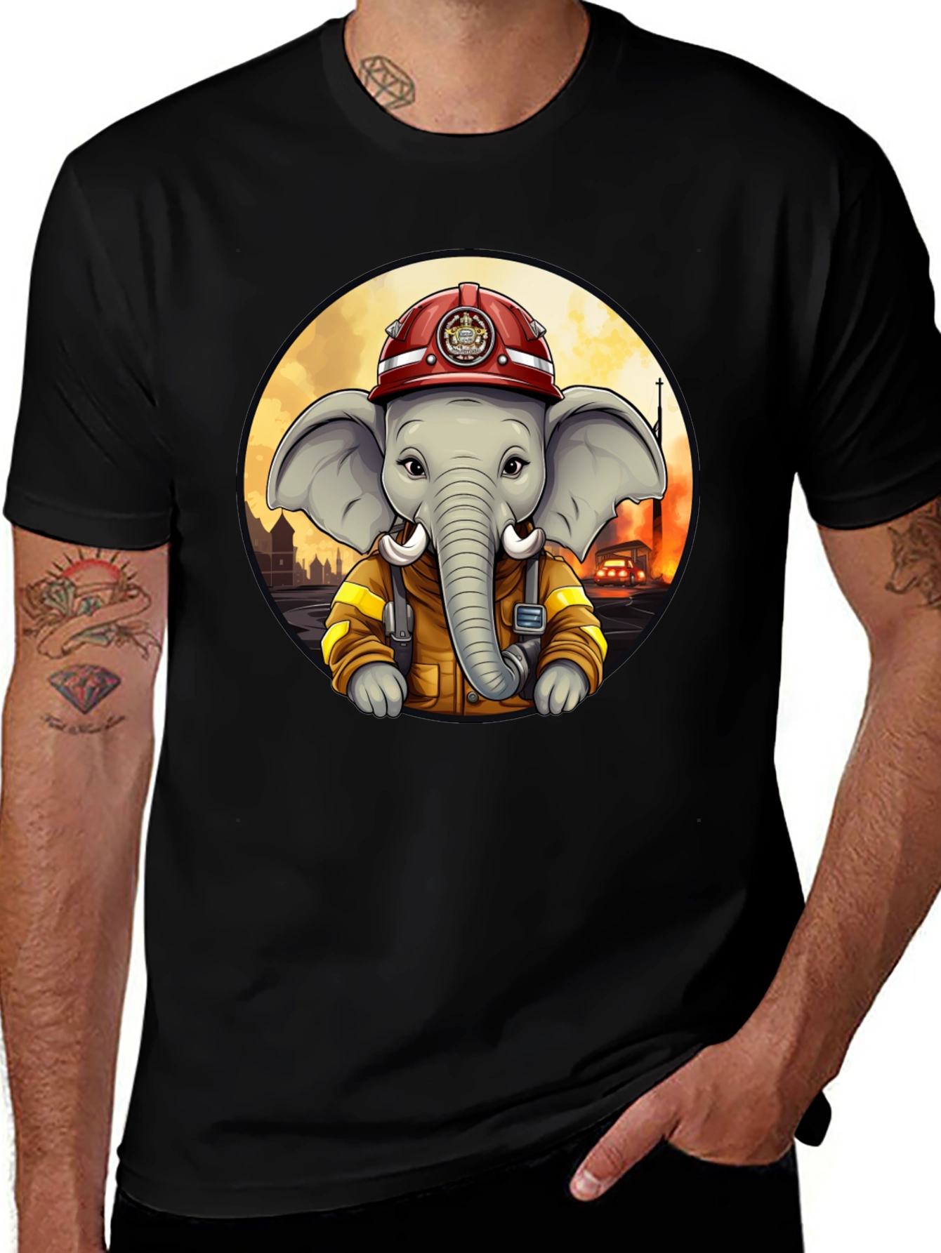 Elephant Firefighter T-Shirt - Cartoon Style