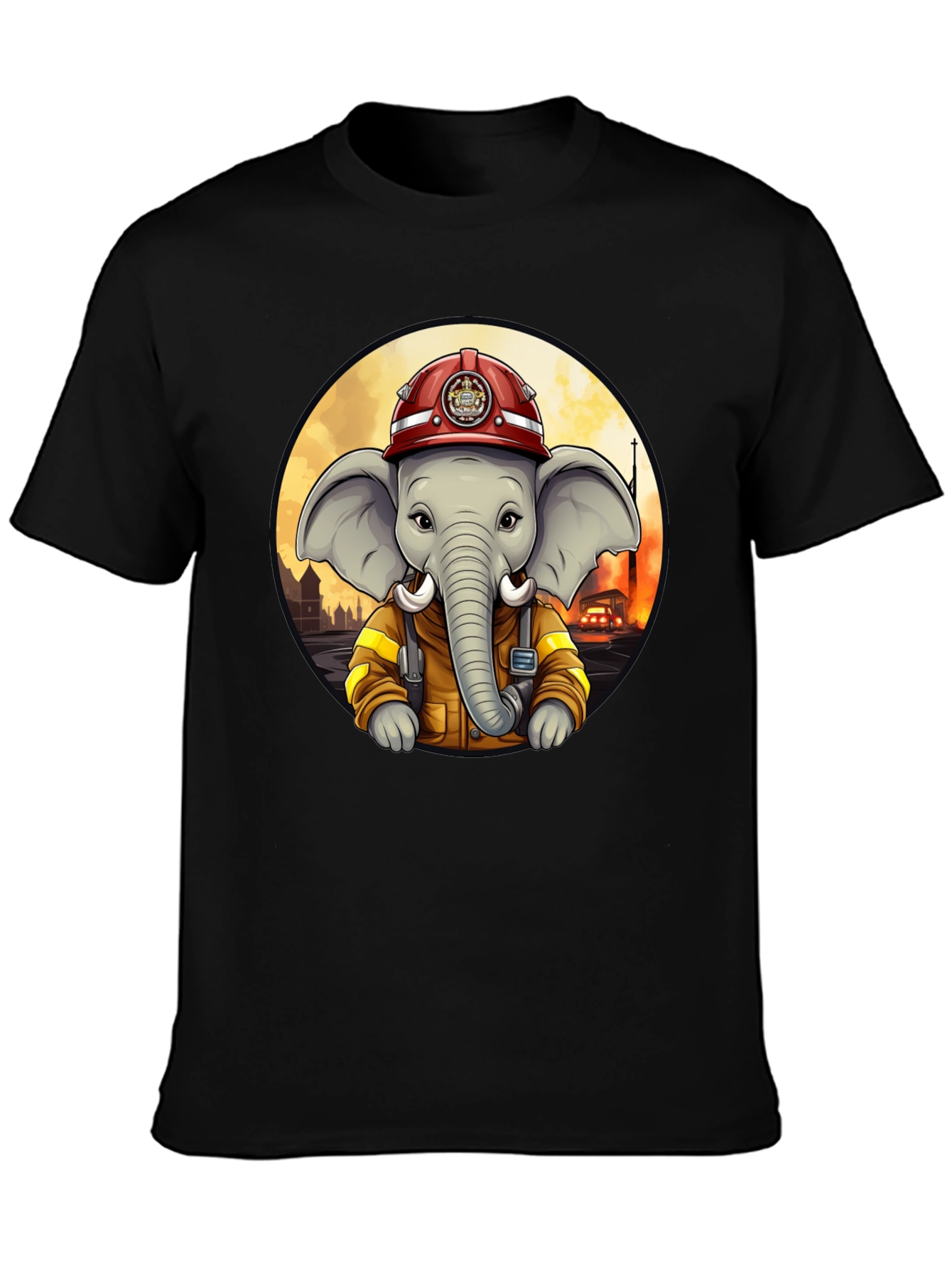 Elephant Firefighter T-Shirt - Cartoon Style