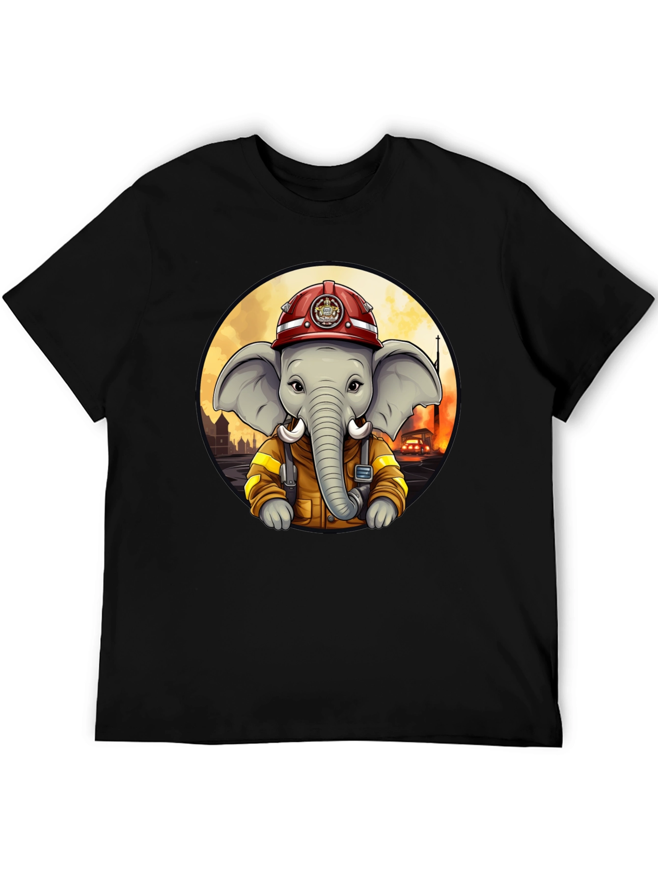 Elephant Firefighter T-Shirt - Cartoon Style