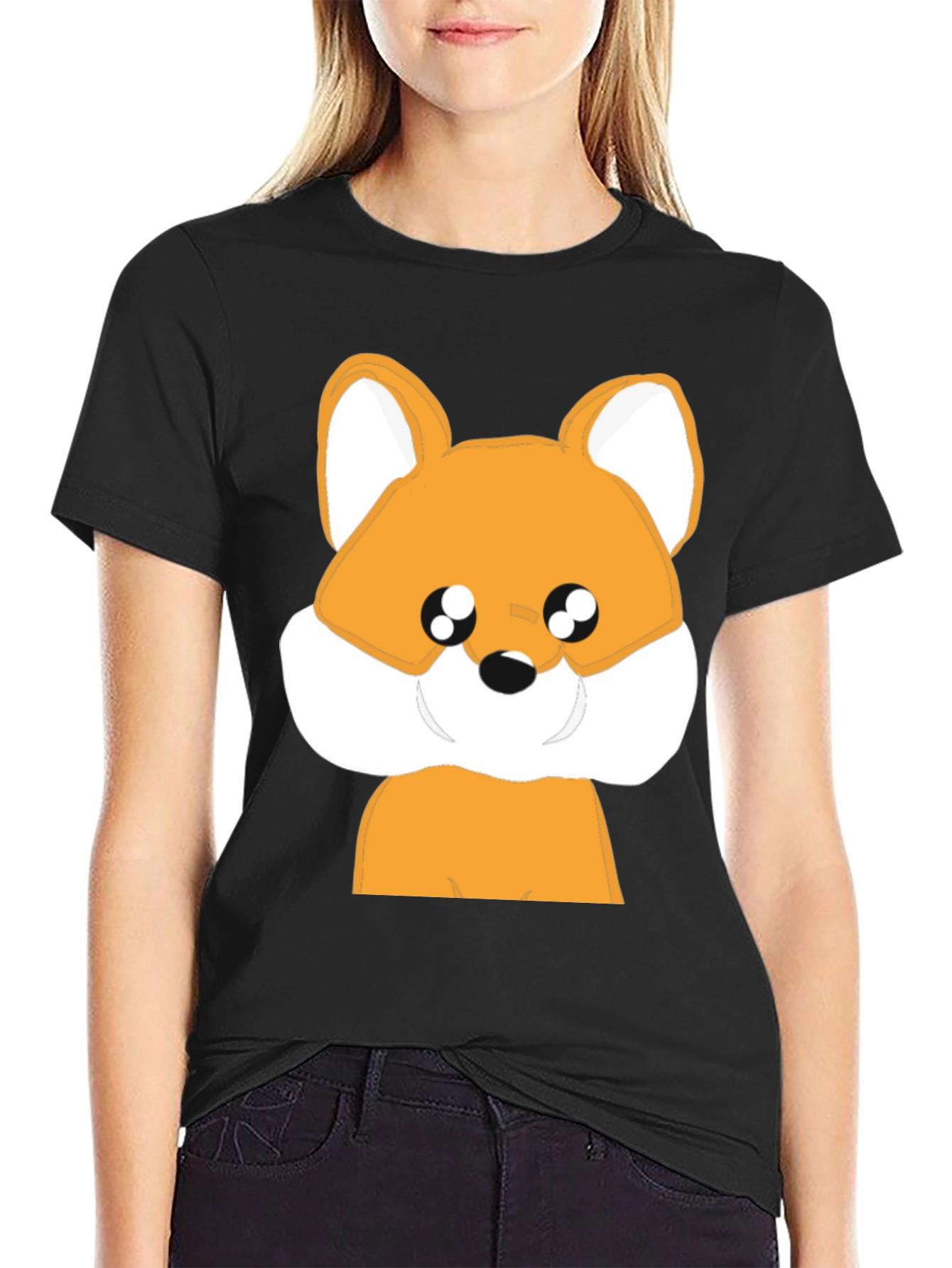 Cute Cartoon Fox Graphic Black T-Shirt