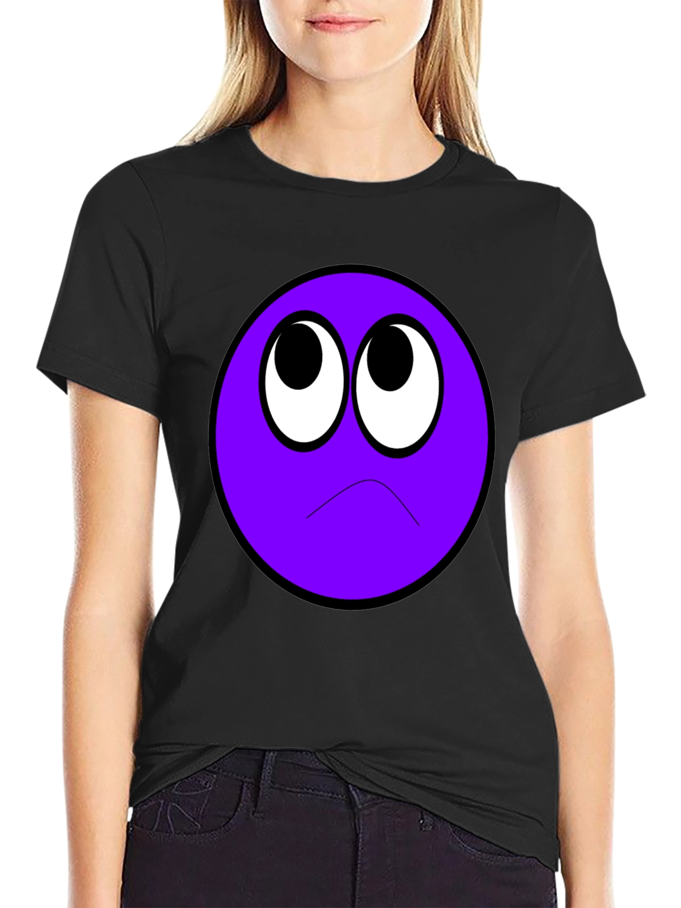 Sad Purple Emoji Black T-Shirt