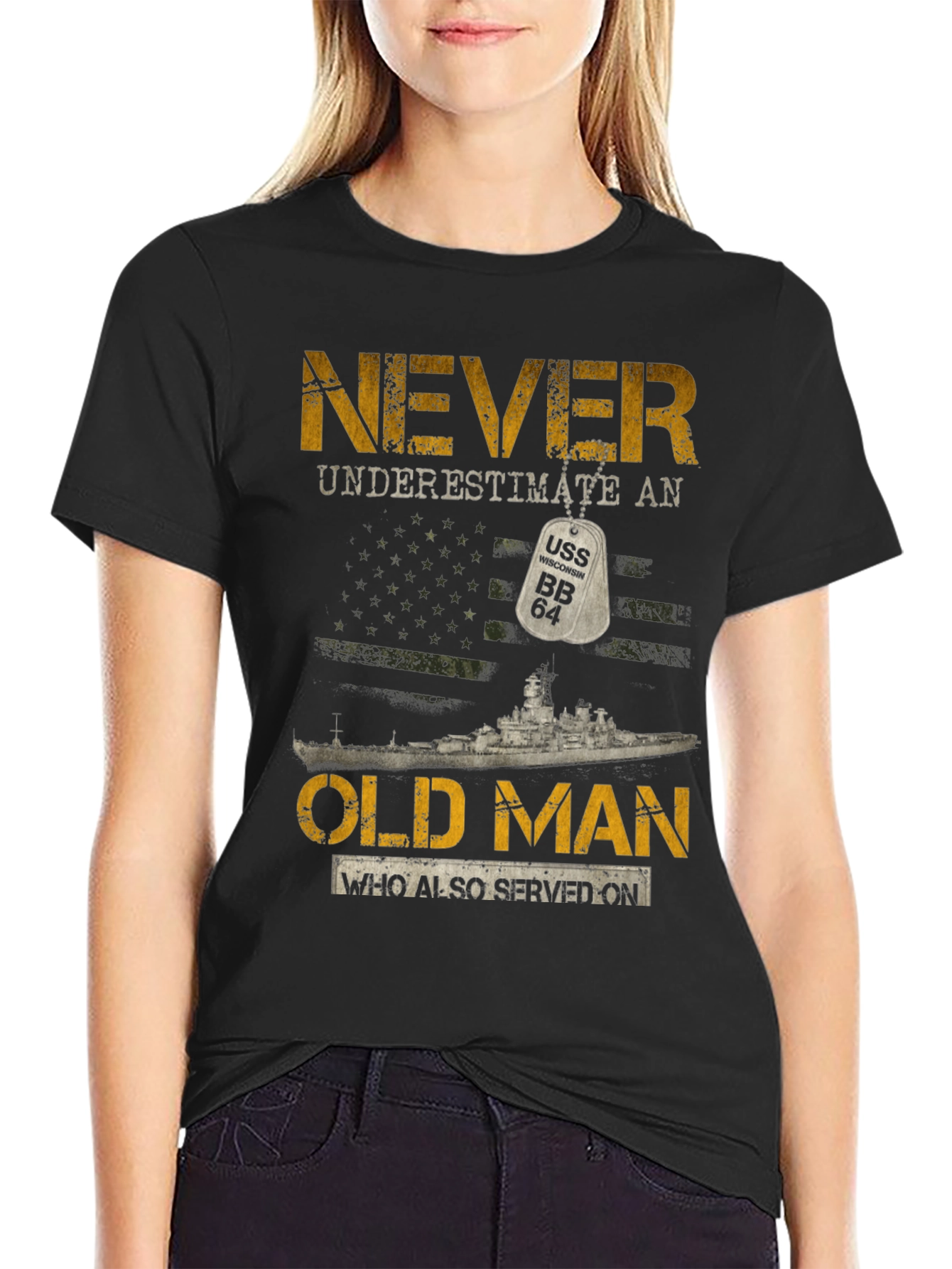 Never Underestimate an Old Man USS BB 64 T-Shirt