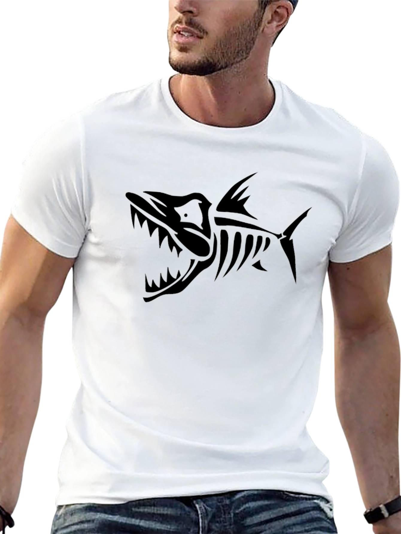 Mens Black T-Shirt with Fish Skeleton Graphic