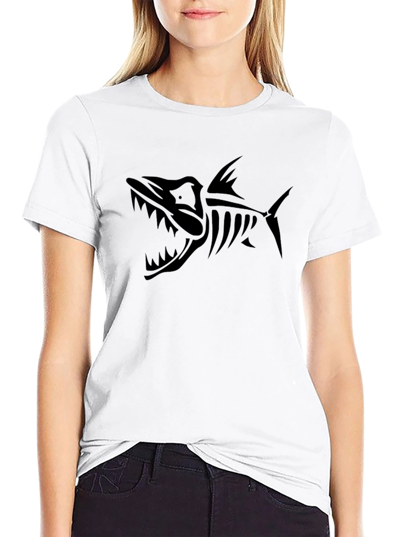 Mens Black T-Shirt with Fish Skeleton Graphic