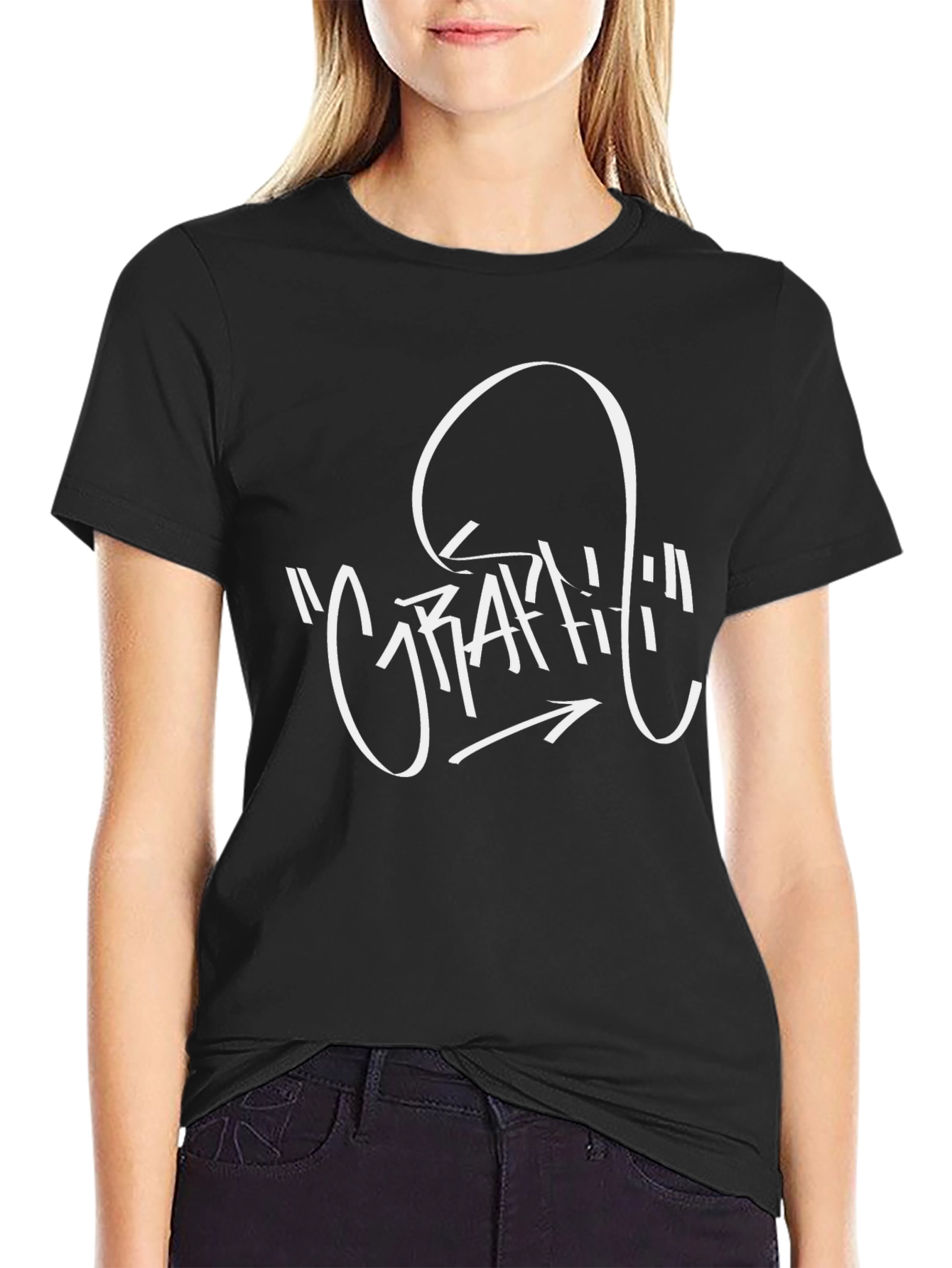 Graffiti Style Graphic Tee - Black Crew Neck T-Shirt