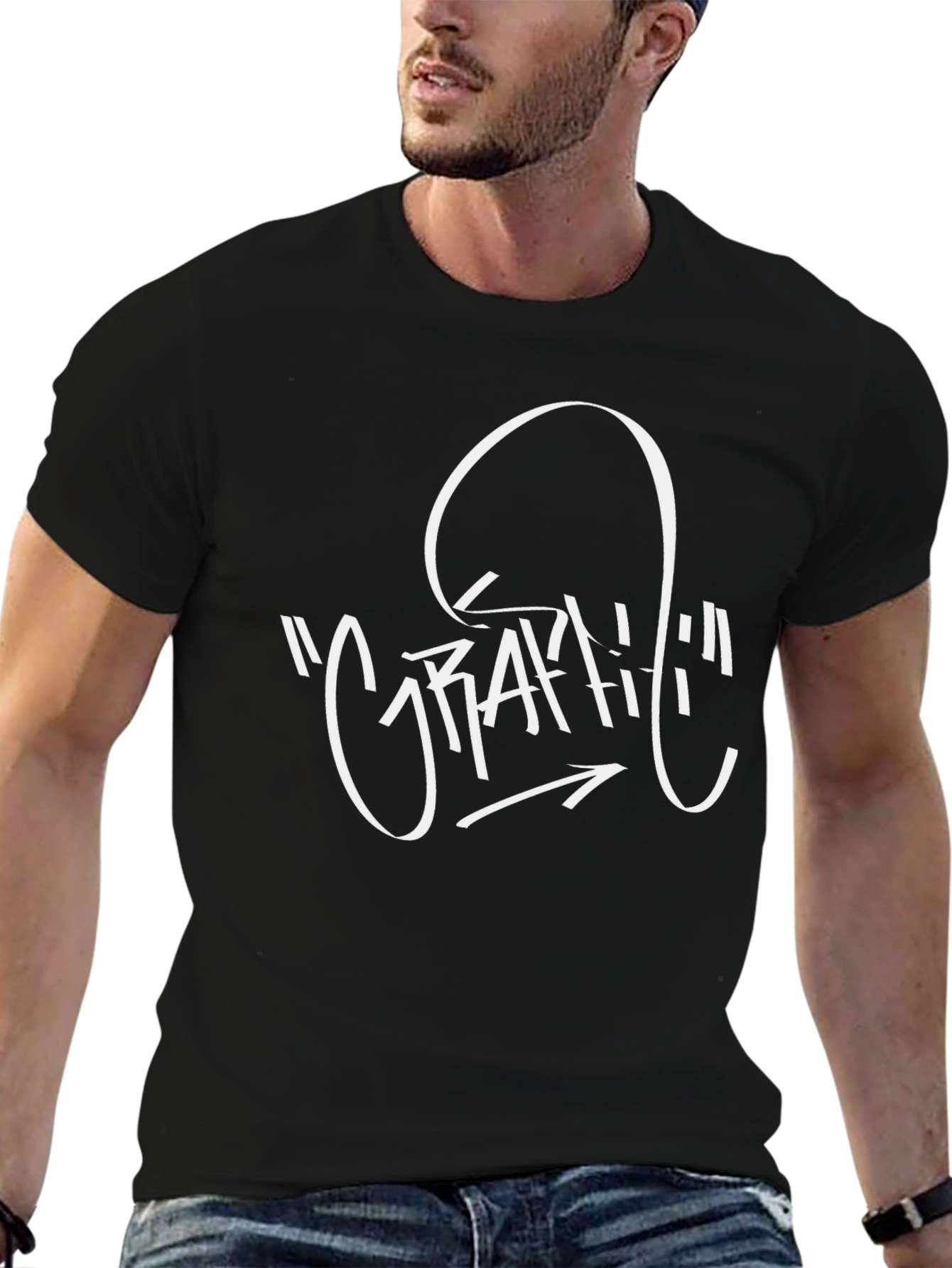 Graffiti Style Graphic Tee - Black Crew Neck T-Shirt