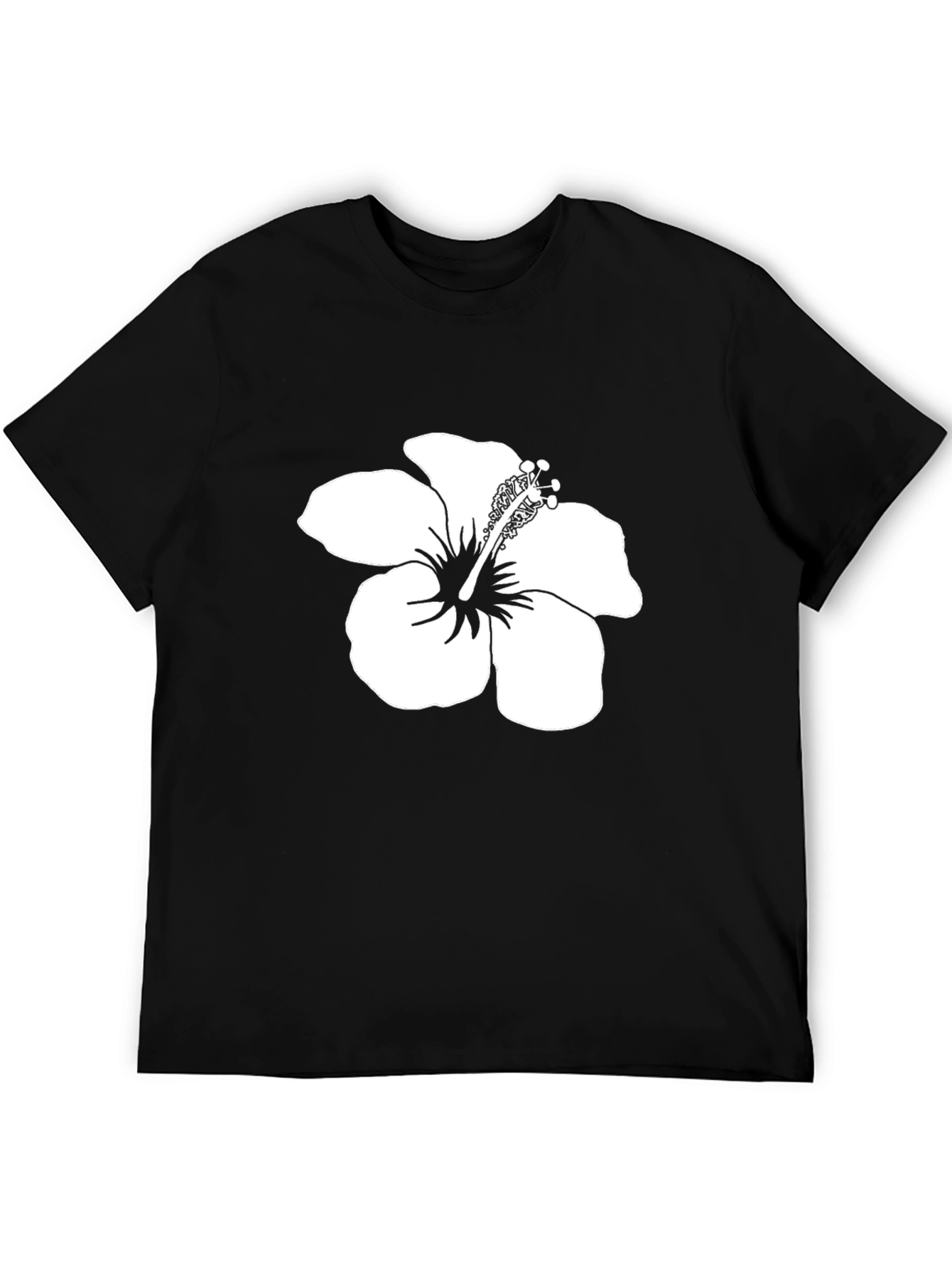 Black T-Shirt with White Hibiscus Flower Print