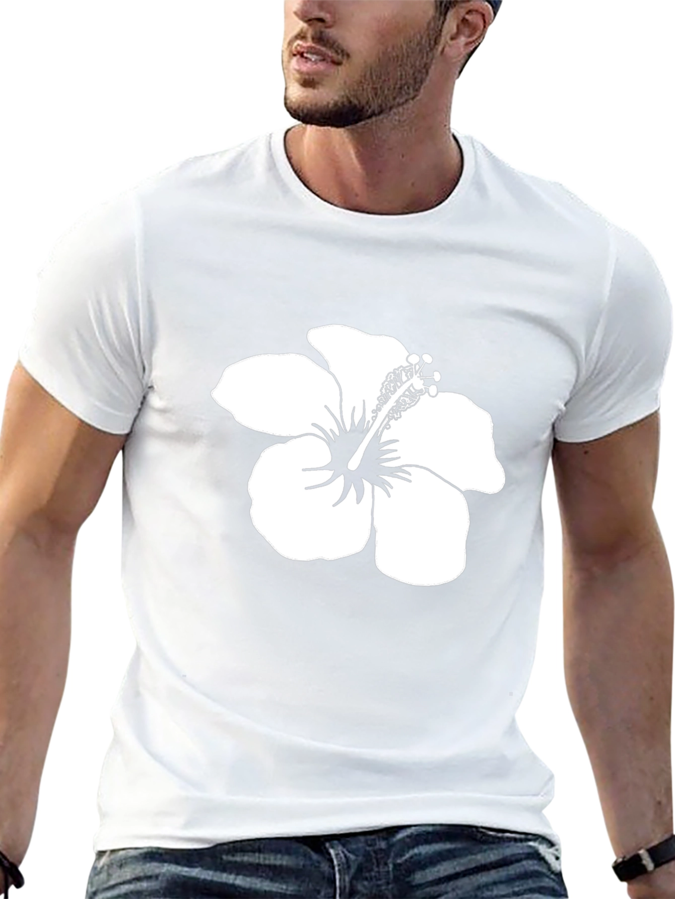Black T-Shirt with White Hibiscus Flower Print