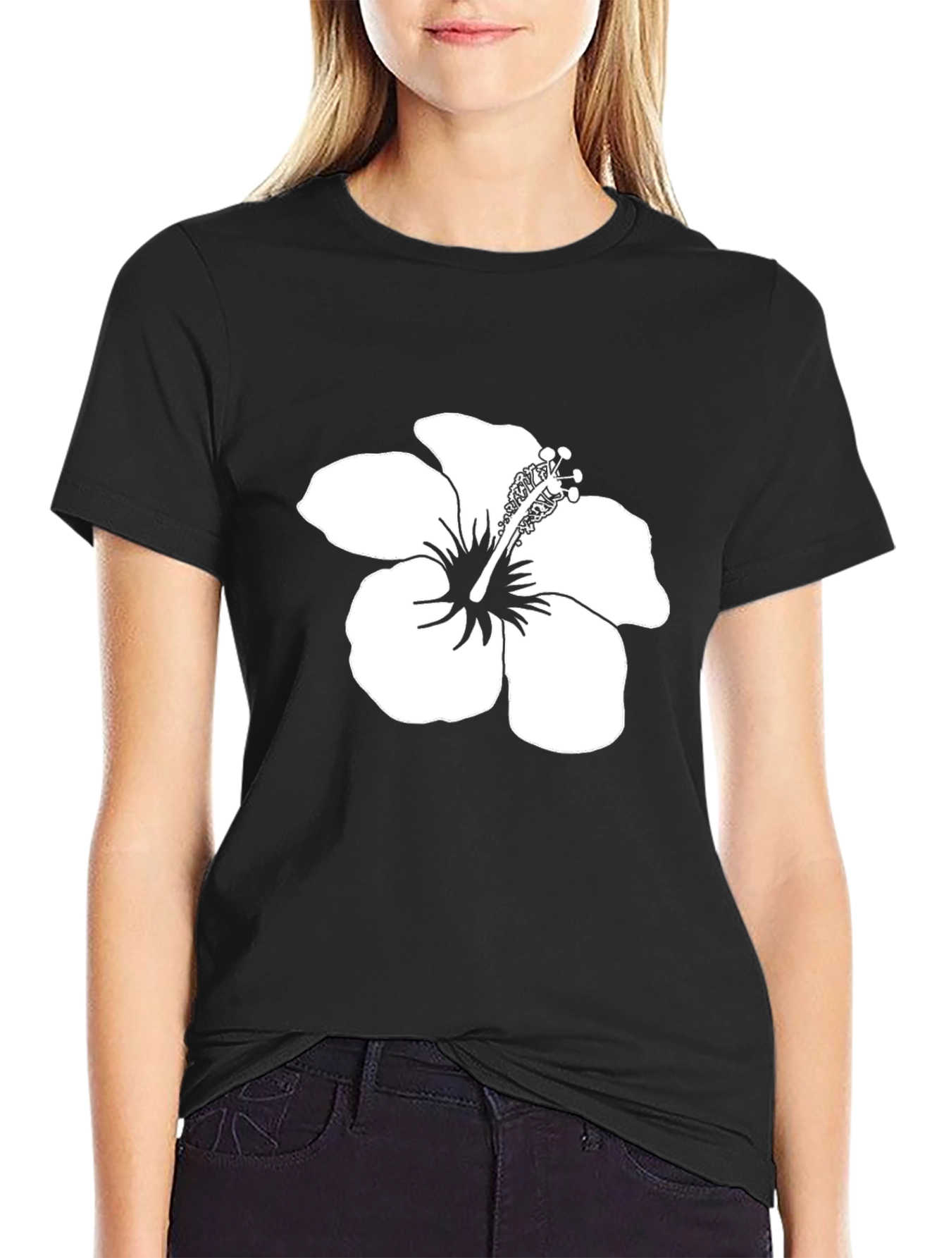 Black T-Shirt with White Hibiscus Flower Print