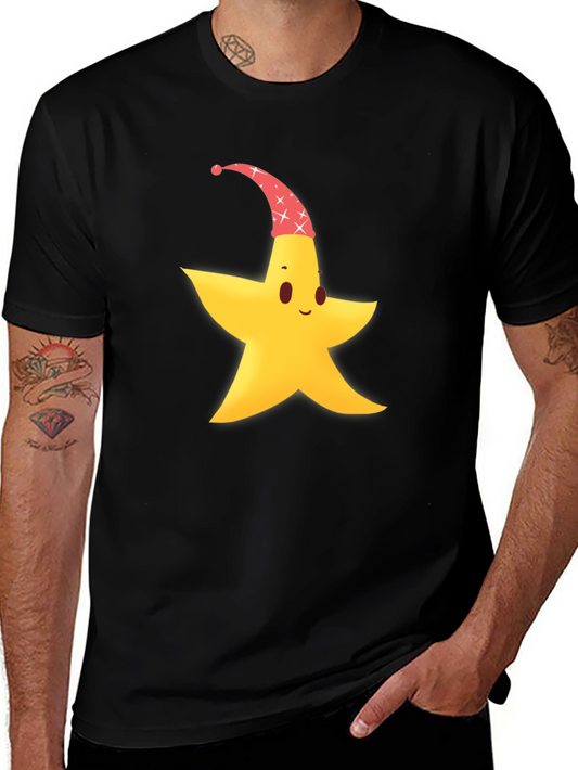Starry Night Tee - Cute Cartoon Star in Santa Hat