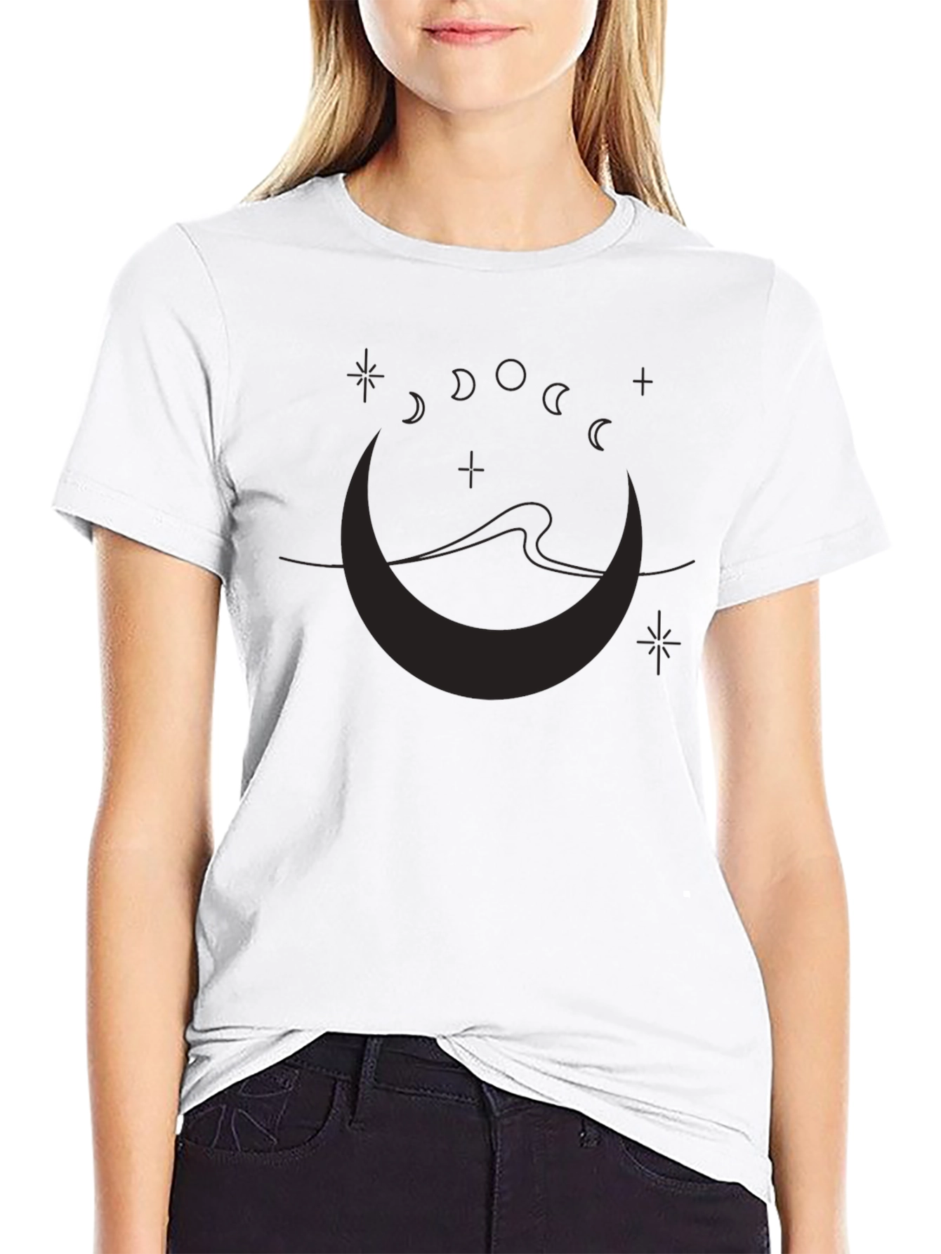 Moon Phases Graphic Print Black T-Shirt