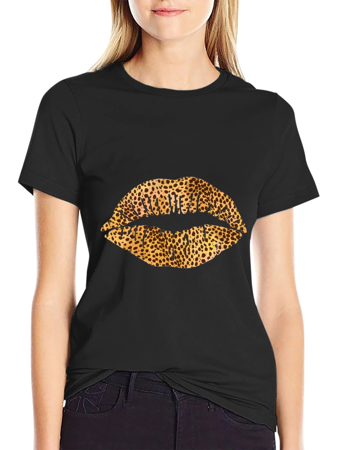 Leopard Print Lips Black Graphic Tee