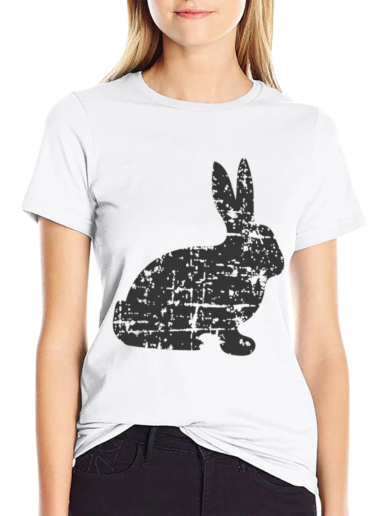 Distressed Rabbit Graphic Tee - Black Cotton Casual Shirt