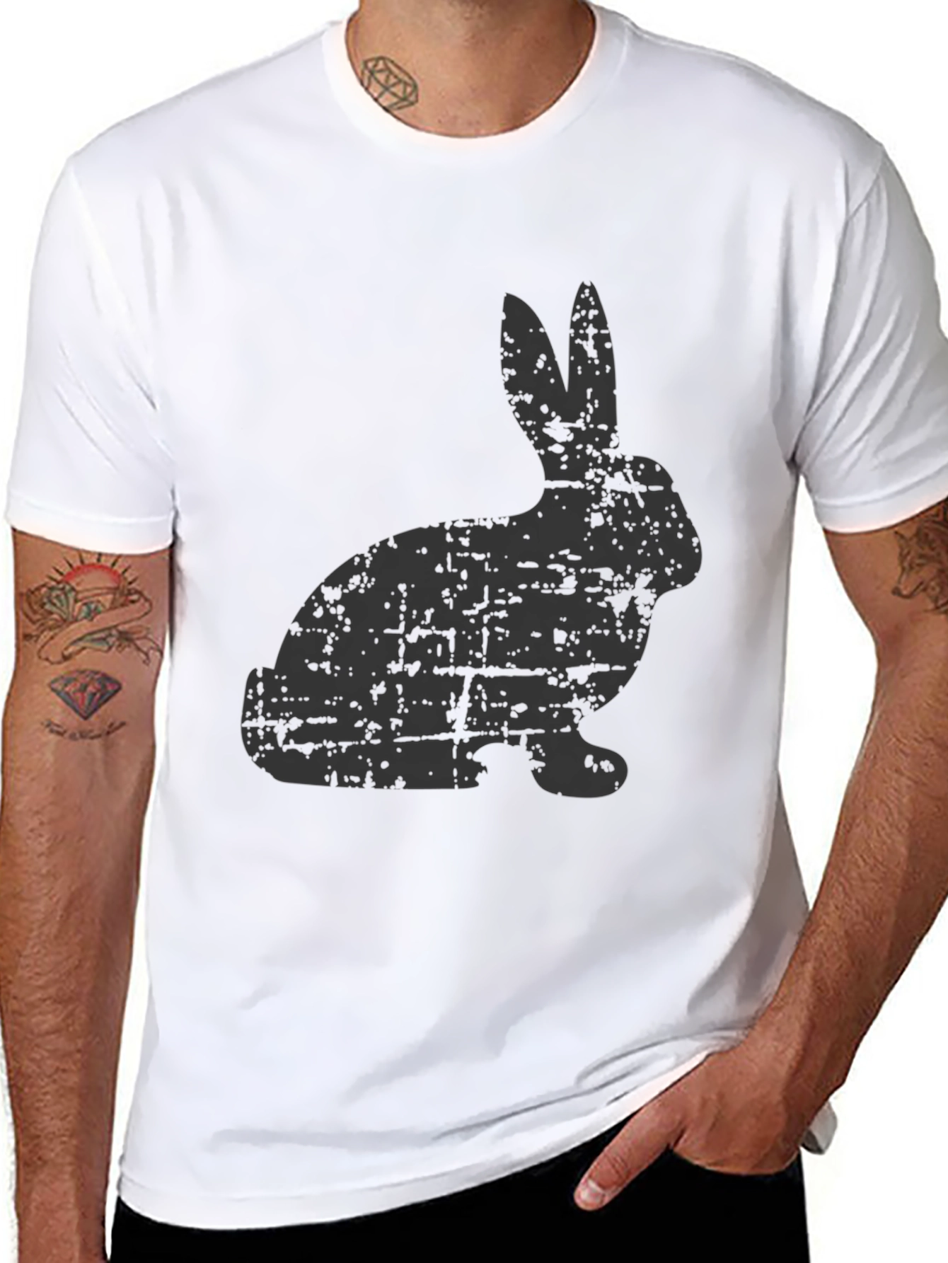 Distressed Rabbit Graphic Tee - Black Cotton Casual Shirt