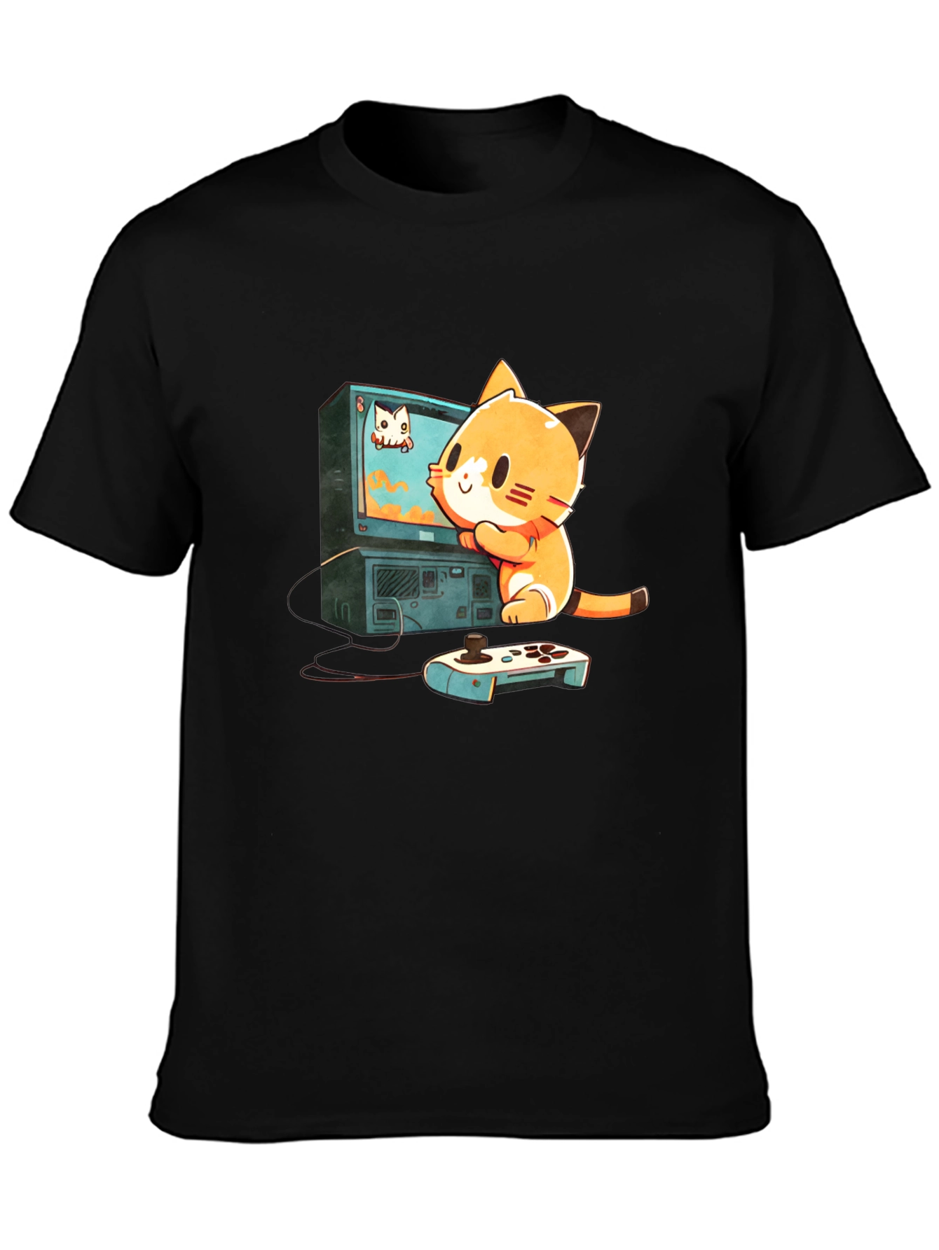 Gamer Cat Graphic Tee - Cute Cartoon T-Shirt