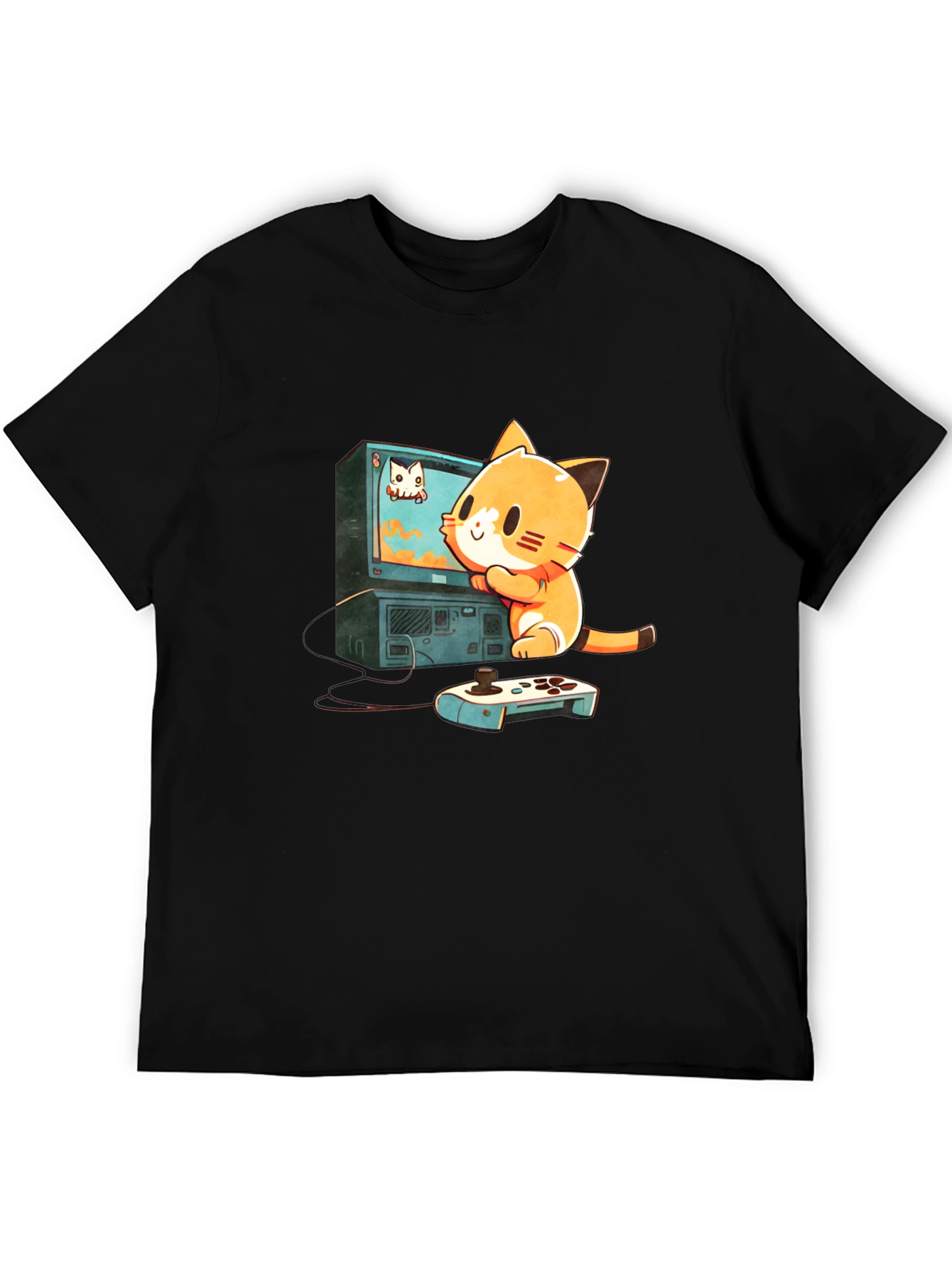 Gamer Cat Graphic Tee - Cute Cartoon T-Shirt