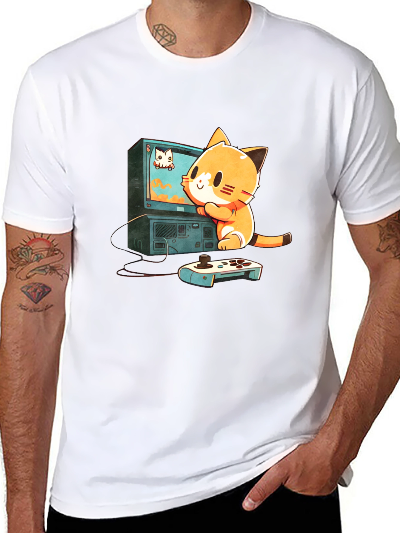 Gamer Cat Graphic Tee - Cute Cartoon T-Shirt