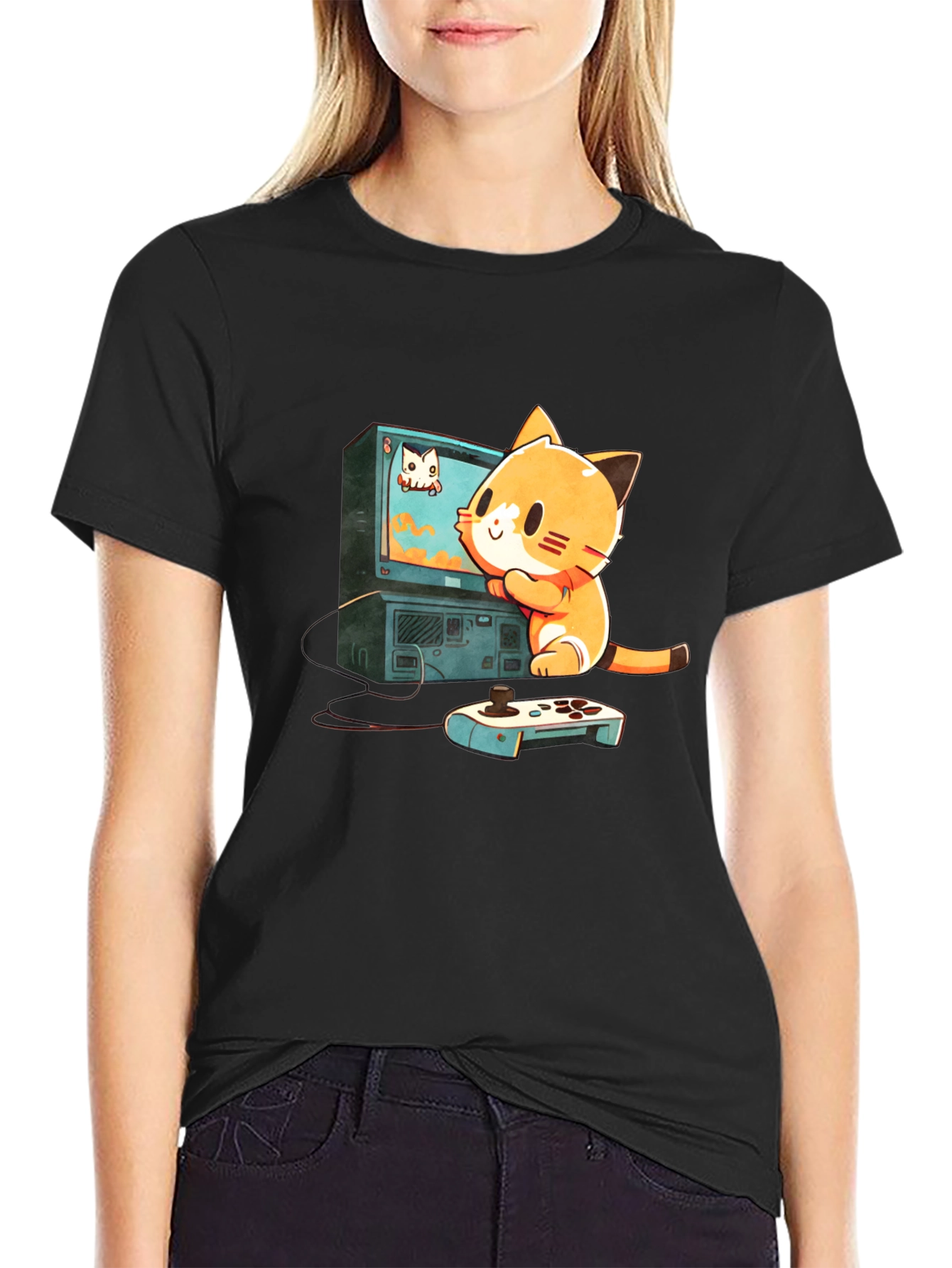 Gamer Cat Graphic Tee - Cute Cartoon T-Shirt