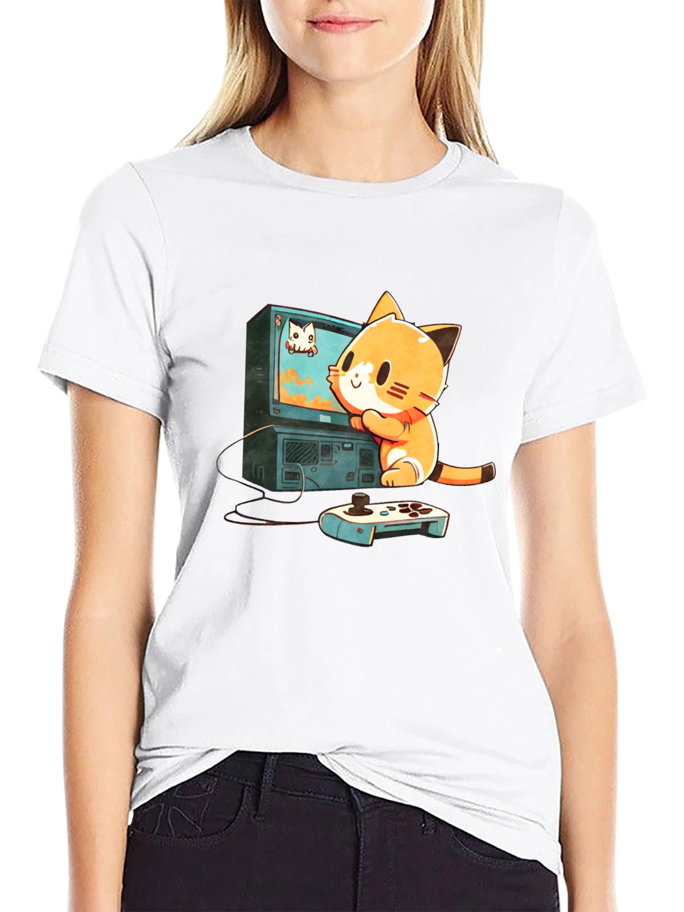 Gamer Cat Graphic Tee - Cute Cartoon T-Shirt