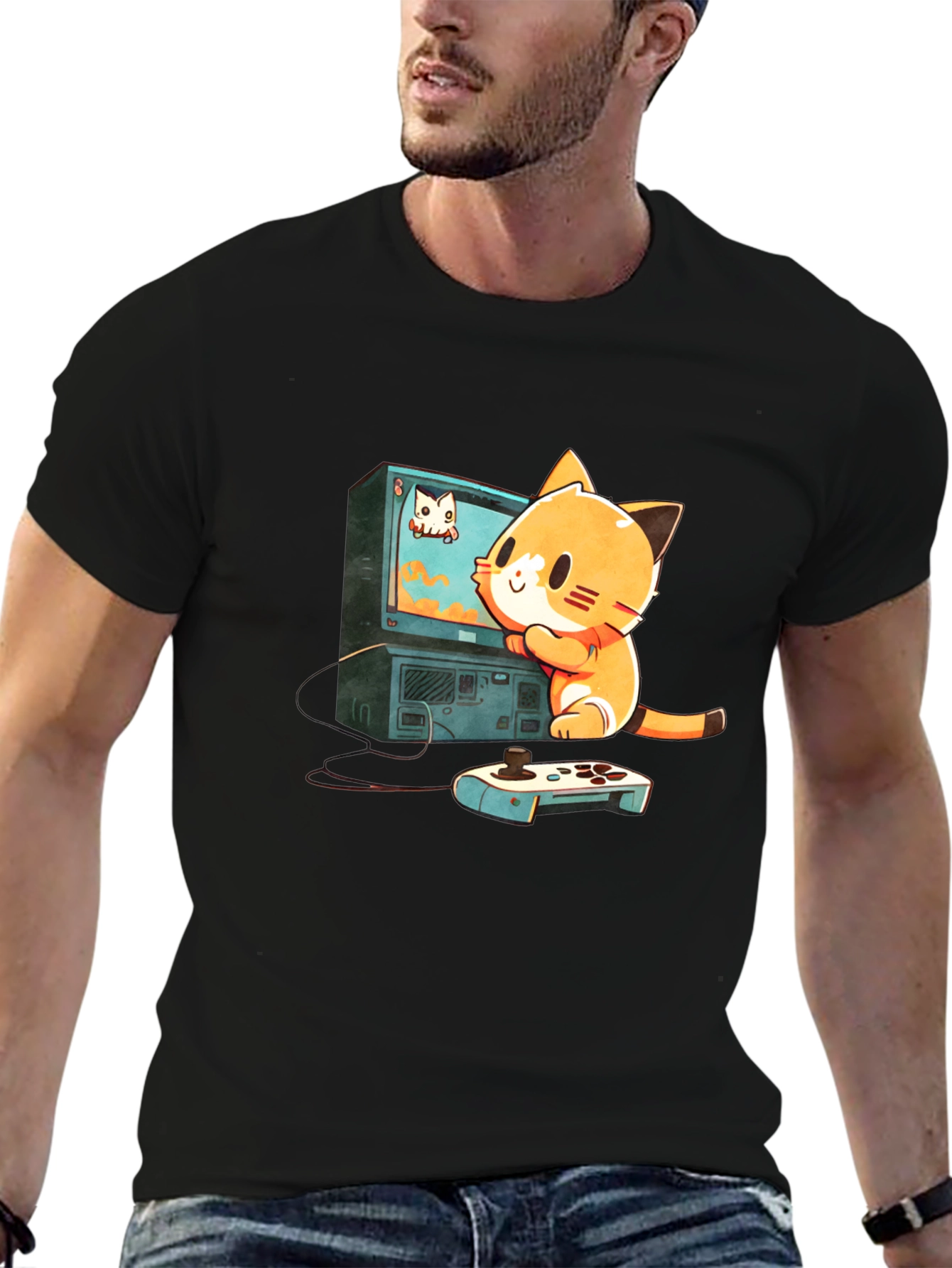 Gamer Cat Graphic Tee - Cute Cartoon T-Shirt