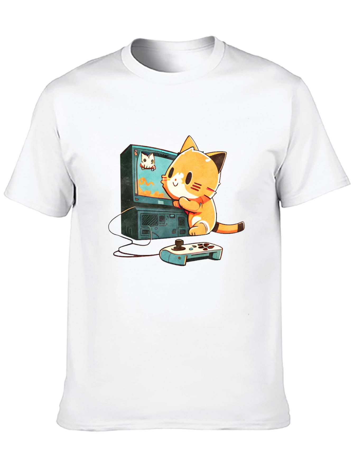 Gamer Cat Graphic Tee - Cute Cartoon T-Shirt