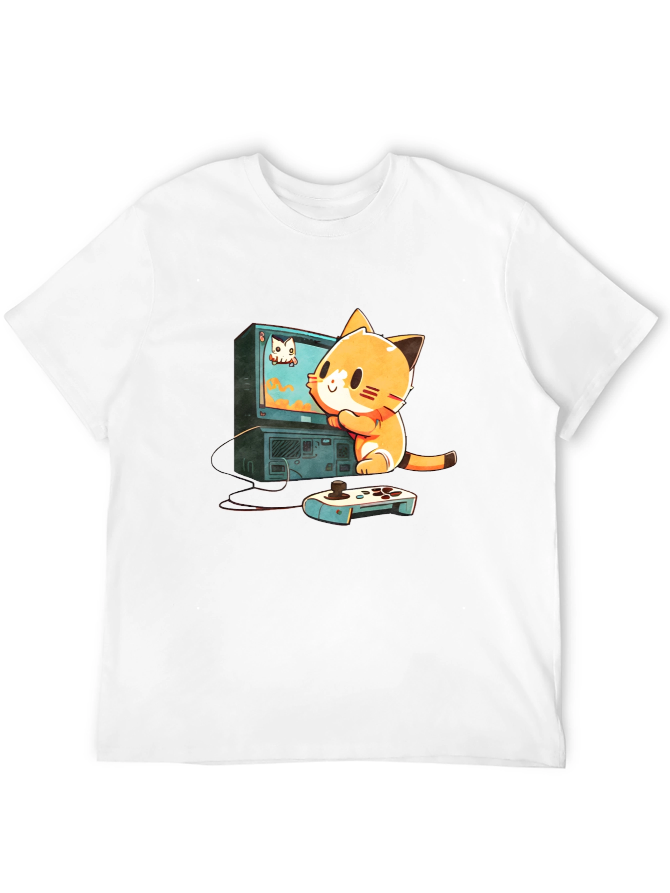 Gamer Cat Graphic Tee - Cute Cartoon T-Shirt
