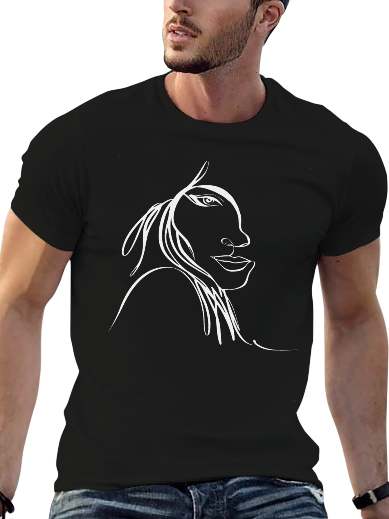 Abstract Face Line Art Black T-Shirt