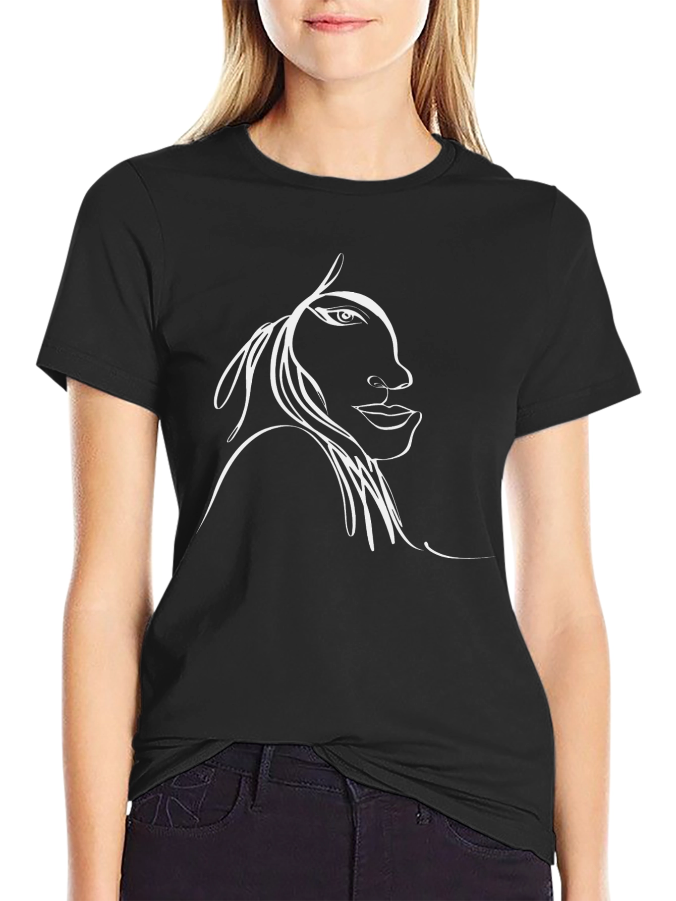 Abstract Face Line Art Black T-Shirt
