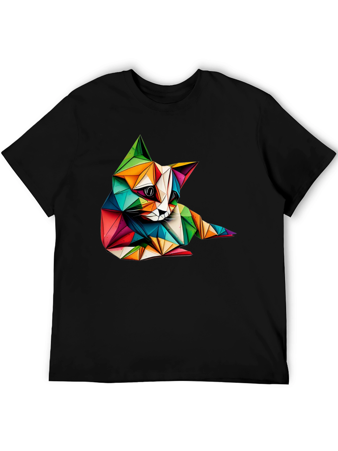 Geometric Cat Print Black T-Shirt