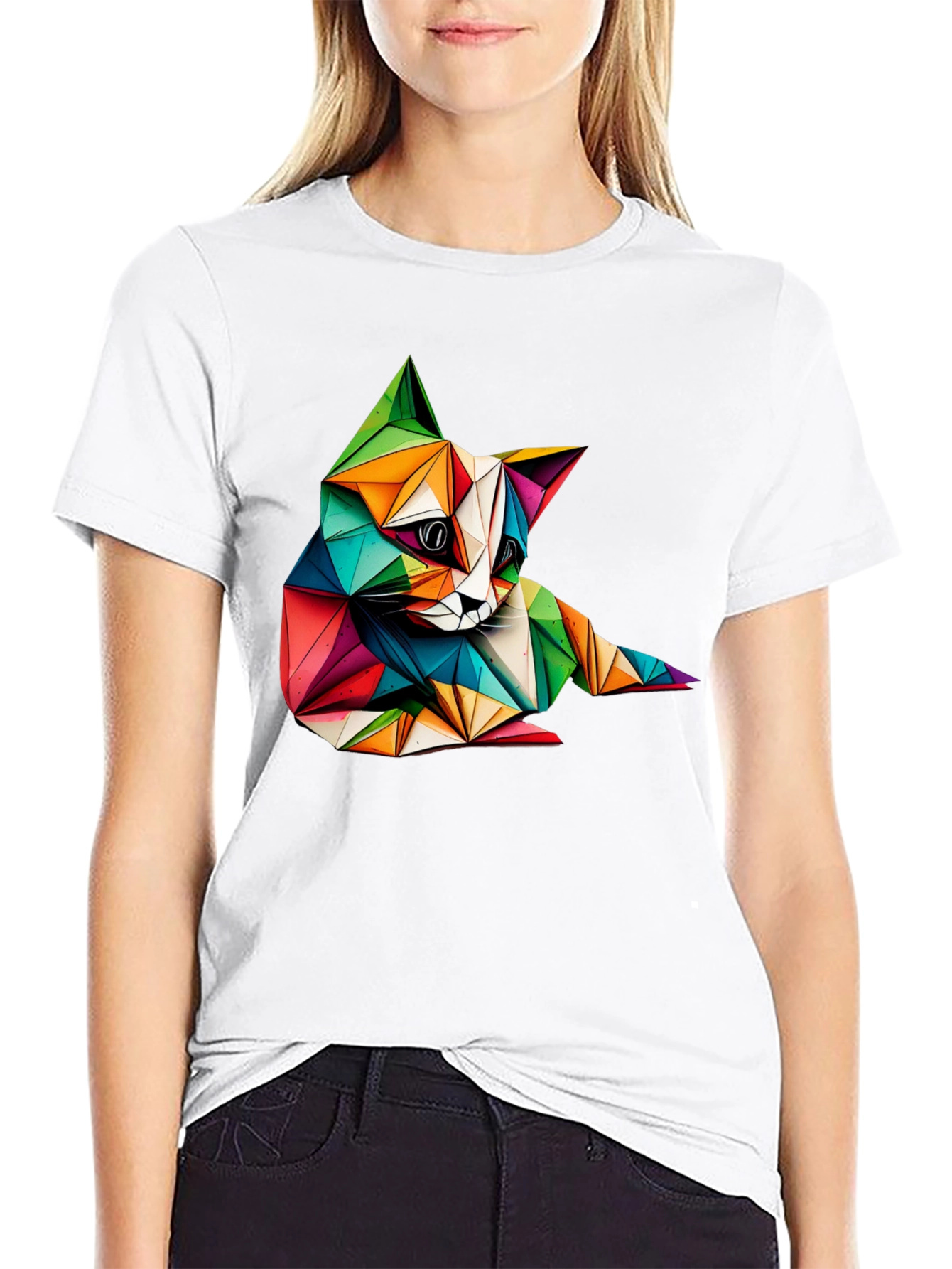 Geometric Cat Print Black T-Shirt