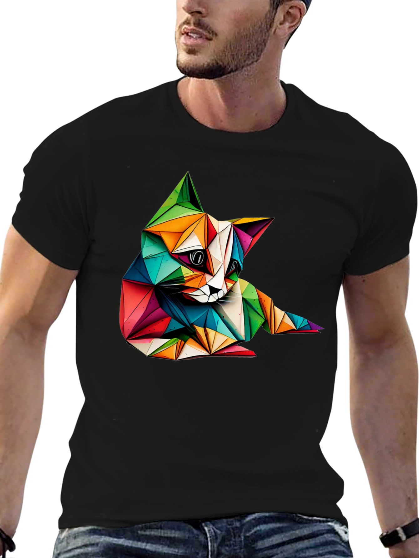 Geometric Cat Print Black T-Shirt